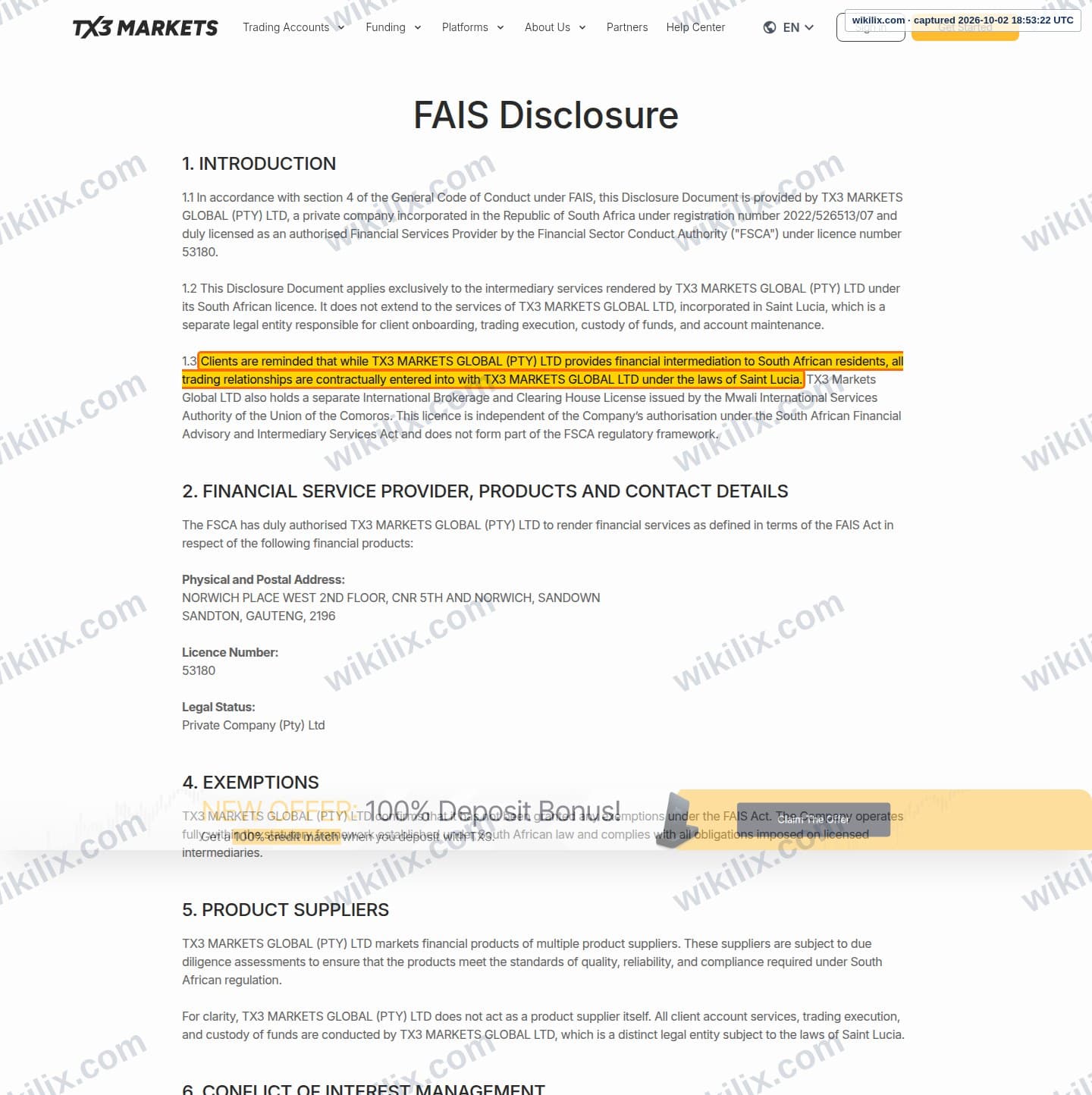 Our full page screenshot of the page this clause sits on, on EPFX's site tx3markets.com, taken on Oct 2, 2026. The quoted words are marked in the image.