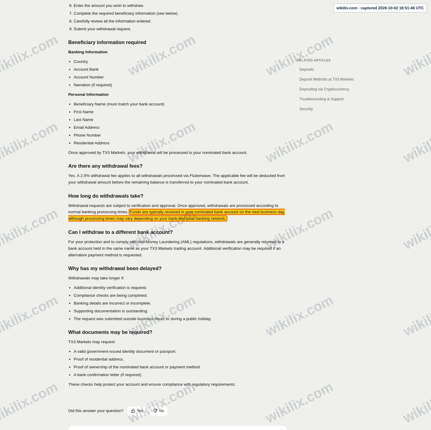 Our full page screenshot of the page that makes this promise, on EPFX's site faq.tx3markets.com, taken on Oct 2, 2026. The quoted words are marked in the image.