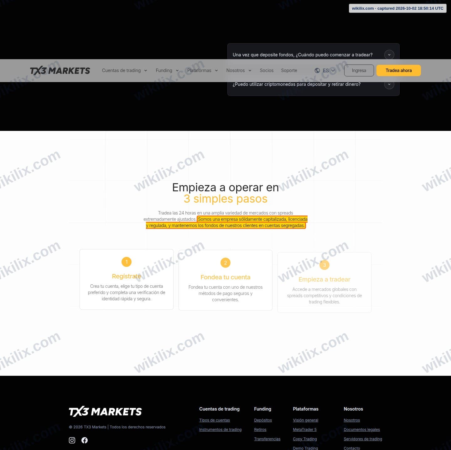 Our full page screenshot of the page that makes this promise, on EPFX's site tx3markets.com, taken on Oct 2, 2026. The quoted words are marked in the image.