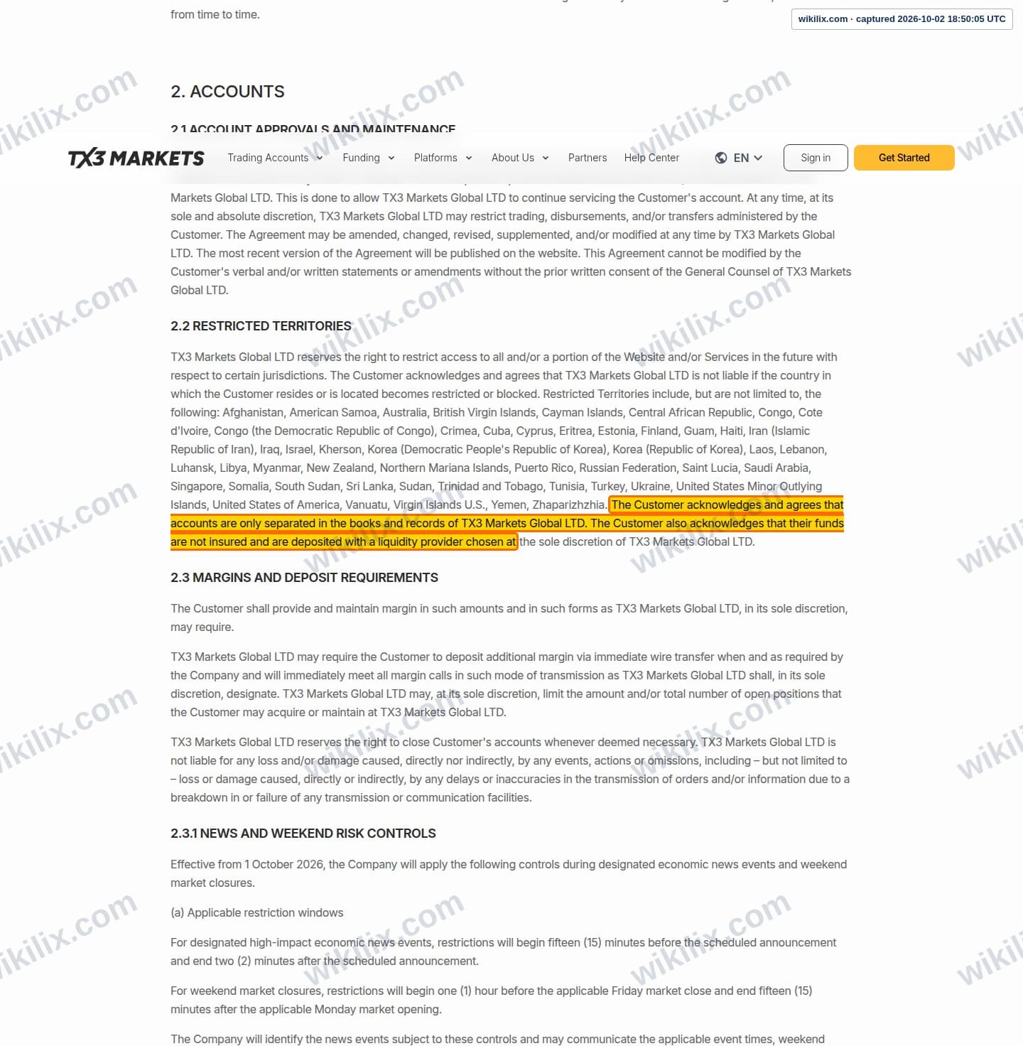 Our full page screenshot of the page this clause sits on, on EPFX's site tx3markets.com, taken on Oct 2, 2026. The quoted words are marked in the image.