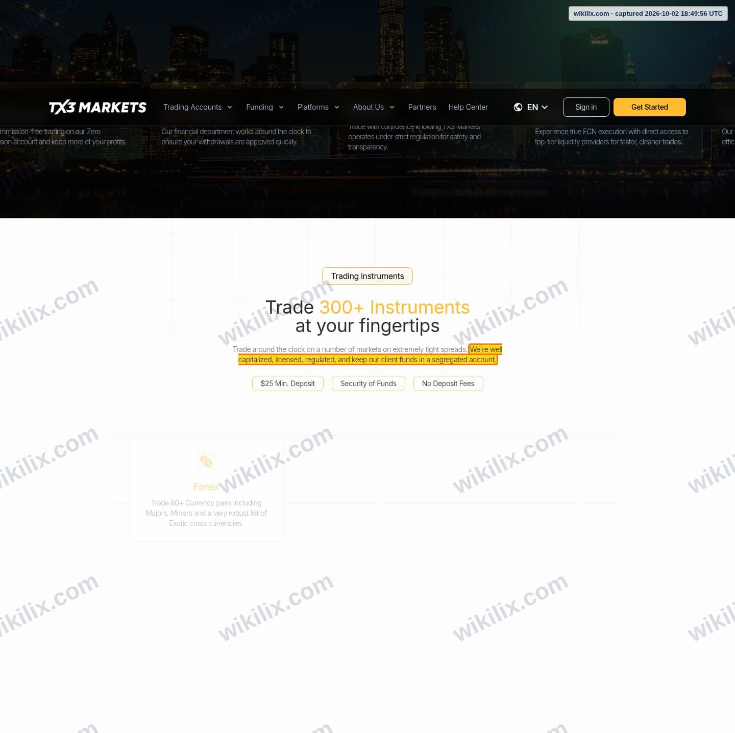 Our full page screenshot of the page that makes this promise, on EPFX's site tx3markets.com, taken on Oct 2, 2026. The quoted words are marked in the image.
