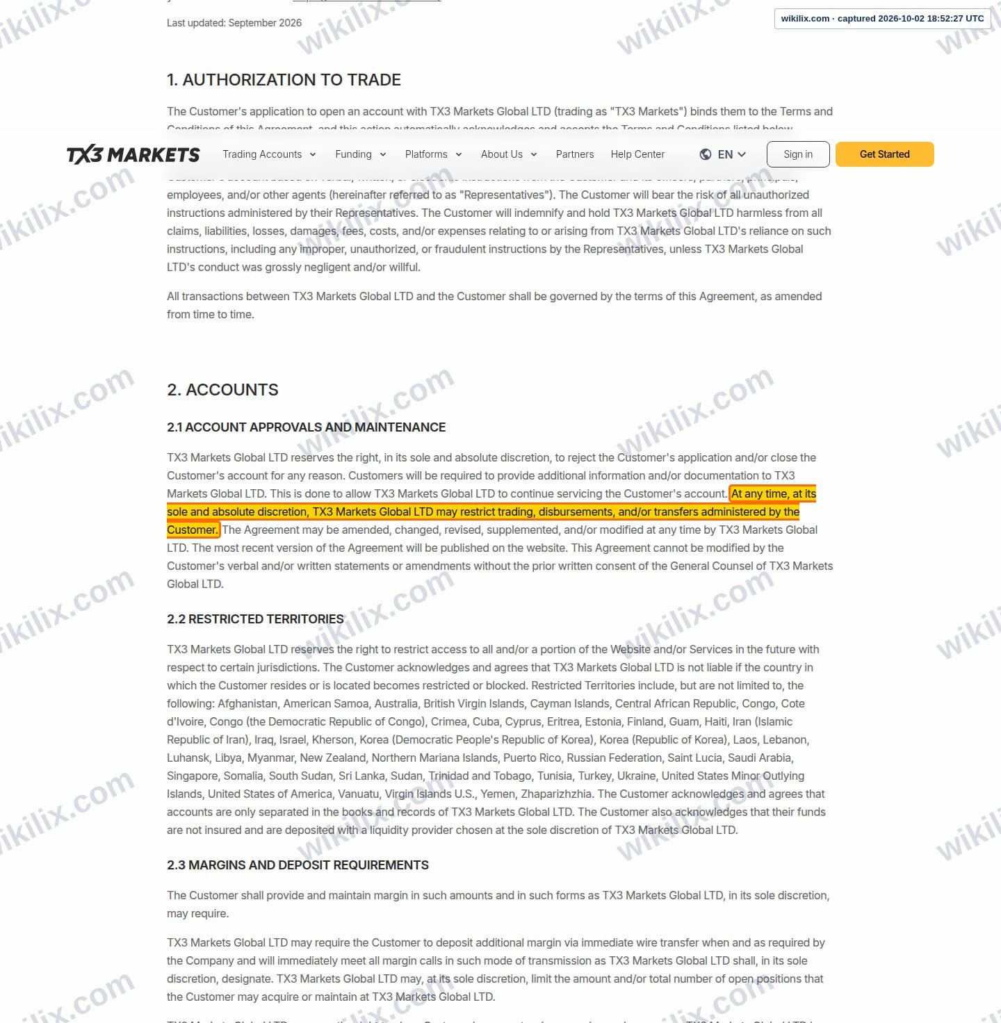 Our full page screenshot of the page this clause sits on, on EPFX's site tx3markets.com, taken on Oct 2, 2026. The quoted words are marked in the image.