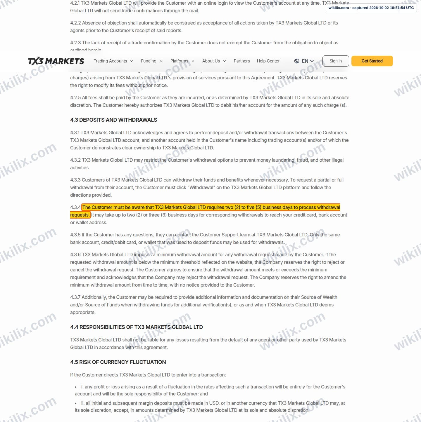 Our full page screenshot of the page this clause sits on, on EPFX's site tx3markets.com, taken on Oct 2, 2026. The quoted words are marked in the image.
