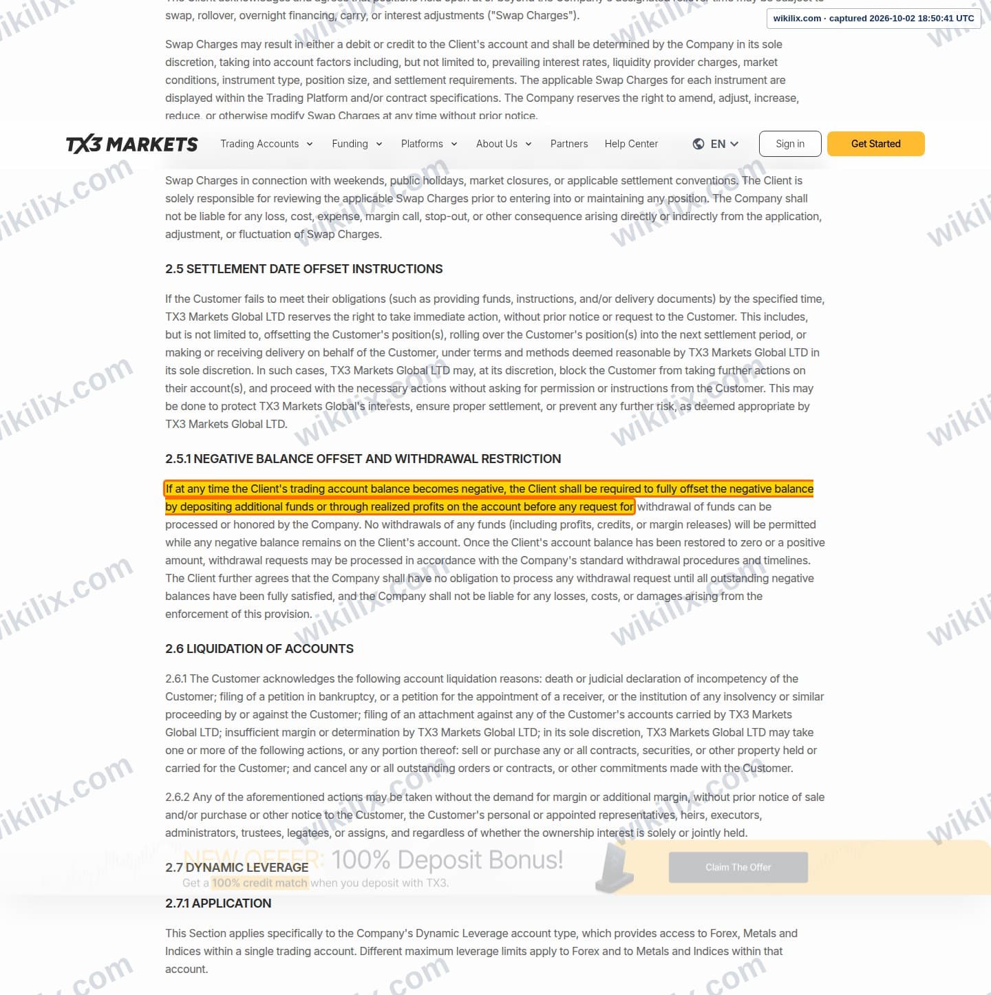 Our full page screenshot of the page this clause sits on, on EPFX's site tx3markets.com, taken on Oct 2, 2026. The quoted words are marked in the image.