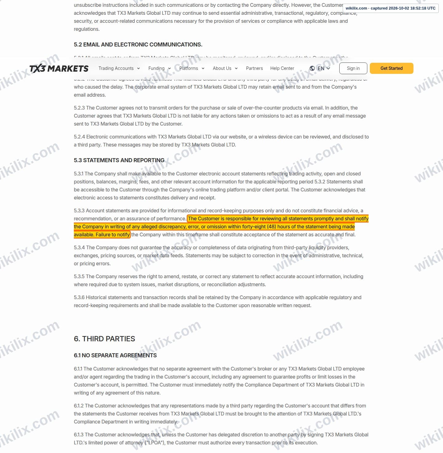 Our full page screenshot of the page this clause sits on, on EPFX's site tx3markets.com, taken on Oct 2, 2026. The quoted words are marked in the image.