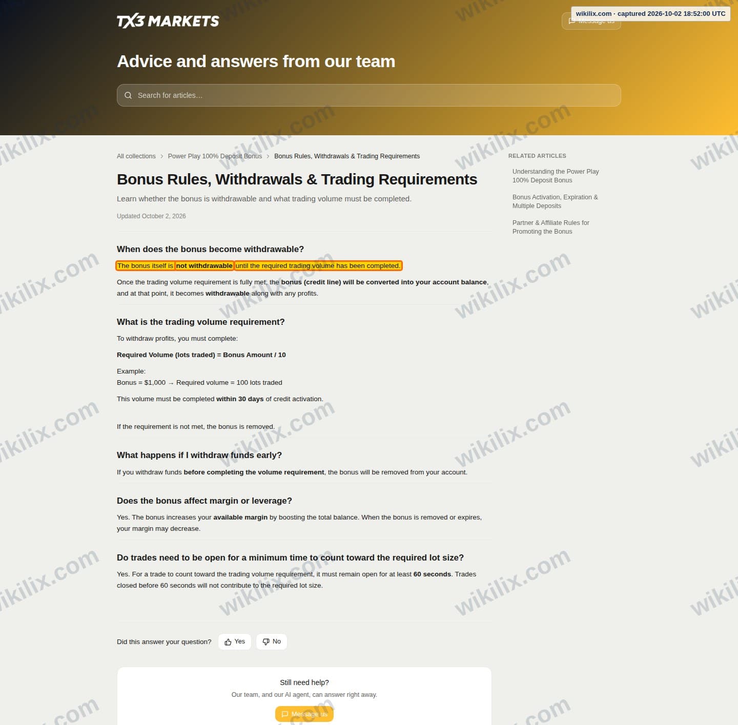 Our full page screenshot of the page this clause sits on, on EPFX's site faq.tx3markets.com, taken on Oct 2, 2026. The quoted words are marked in the image.