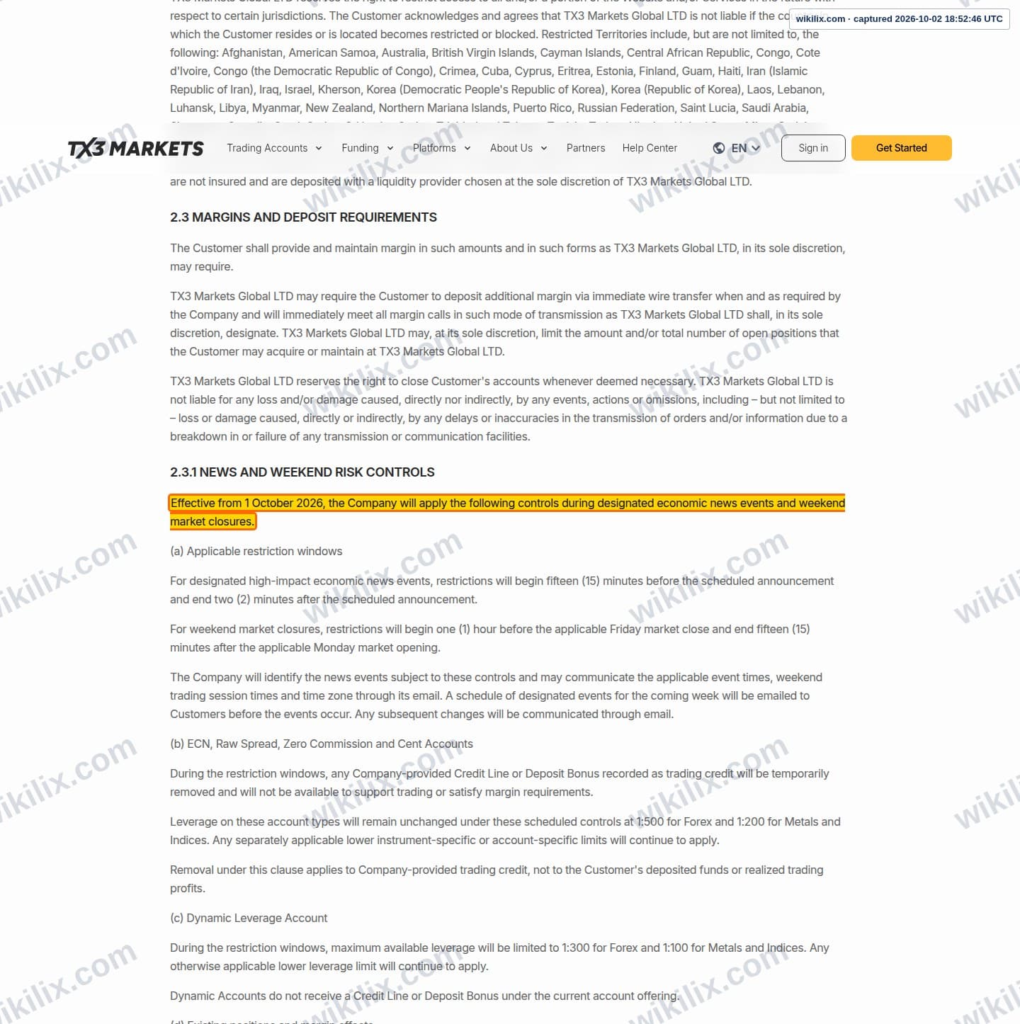 Our full page screenshot of the page this clause sits on, on EPFX's site tx3markets.com, taken on Oct 2, 2026. The quoted words are marked in the image.