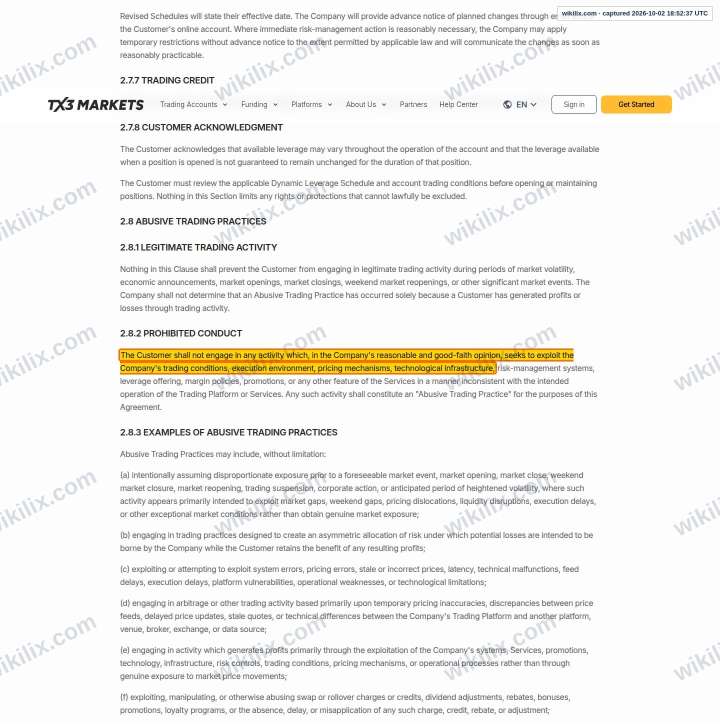 Our full page screenshot of the page this clause sits on, on EPFX's site tx3markets.com, taken on Oct 2, 2026. The quoted words are marked in the image.
