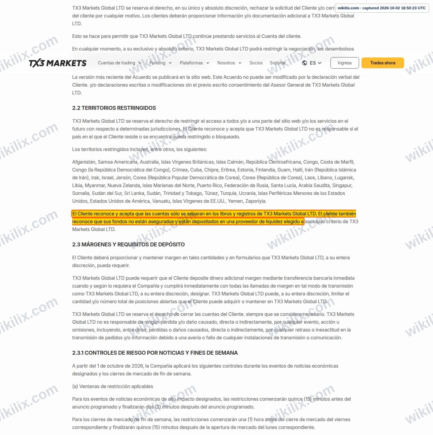 Our full page screenshot of the page this clause sits on, on EPFX's site tx3markets.com, taken on Oct 2, 2026. The quoted words are marked in the image.