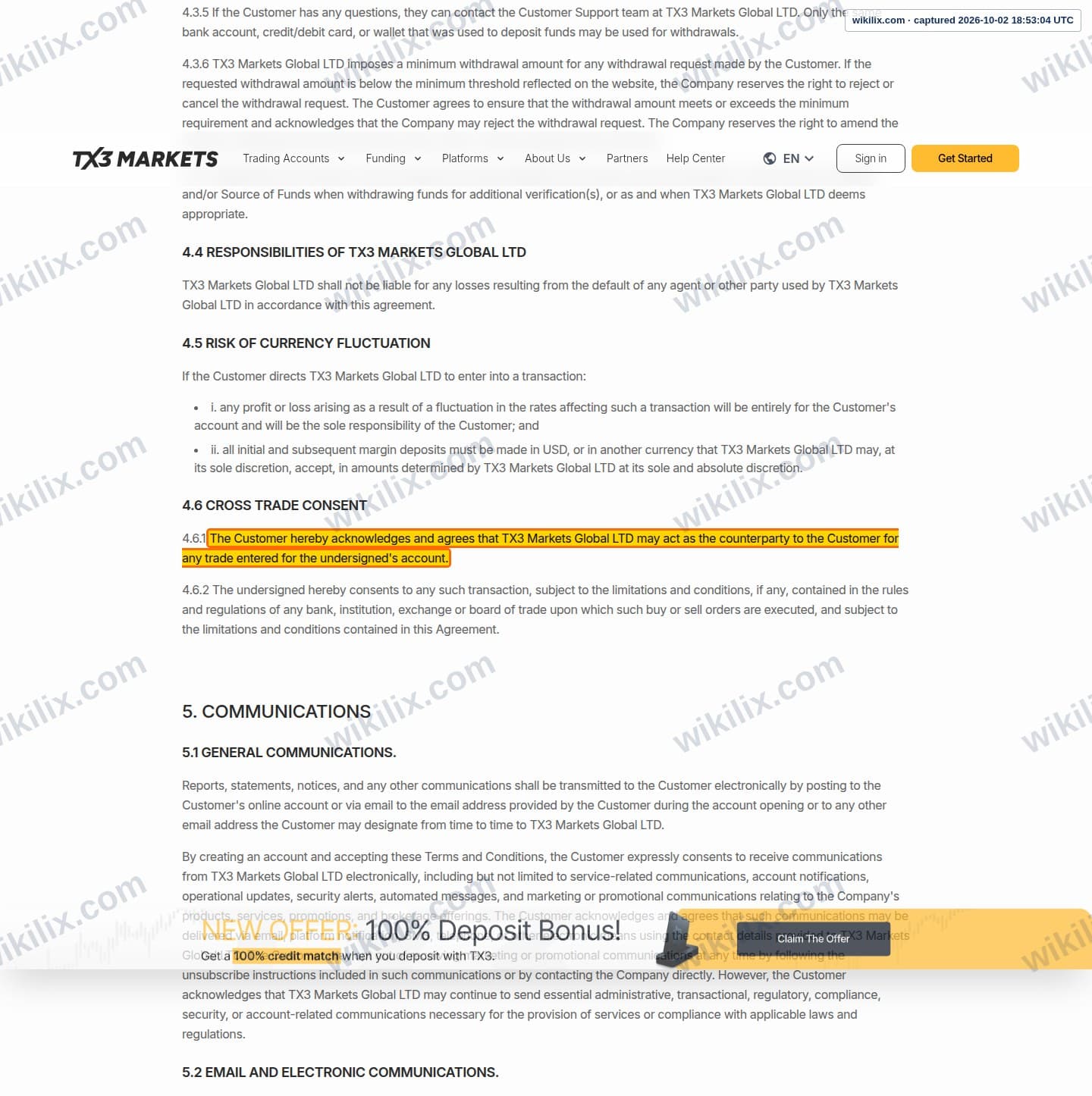 Our full page screenshot of the page this clause sits on, on EPFX's site tx3markets.com, taken on Oct 2, 2026. The quoted words are marked in the image.