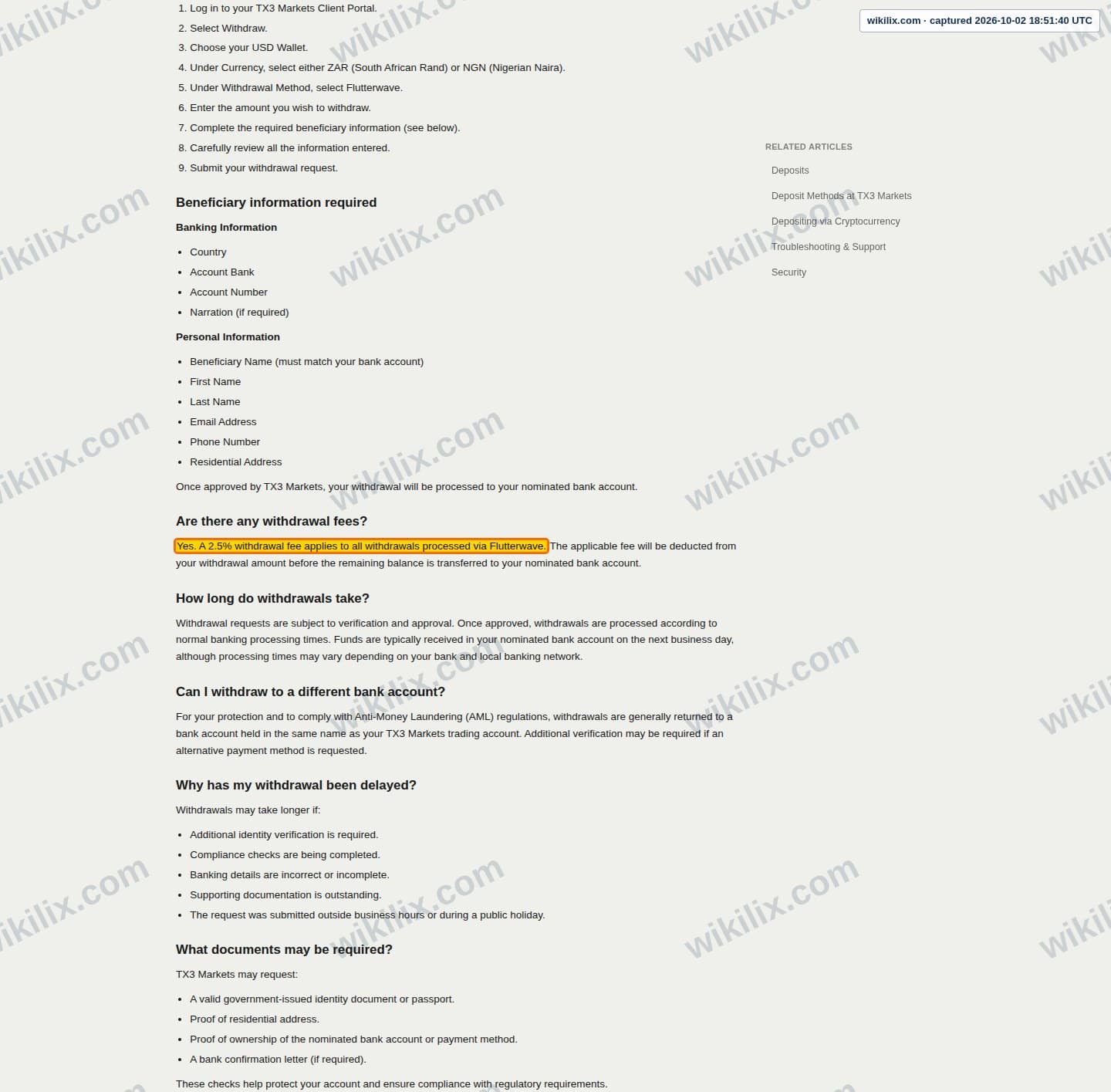Our full page screenshot of the page this clause sits on, on EPFX's site faq.tx3markets.com, taken on Oct 2, 2026. The quoted words are marked in the image.