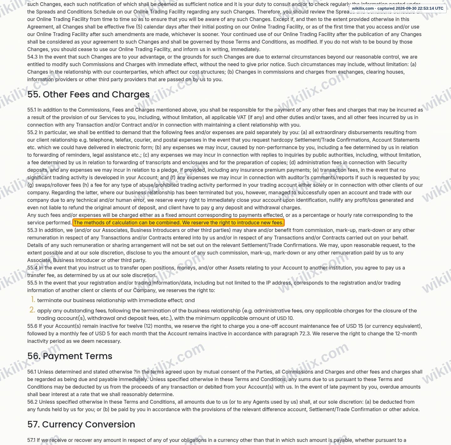 Our full page screenshot of the page this clause sits on, on eonefx's site eonefx.com, taken on Sep 30, 2026. The quoted words are marked in the image.
