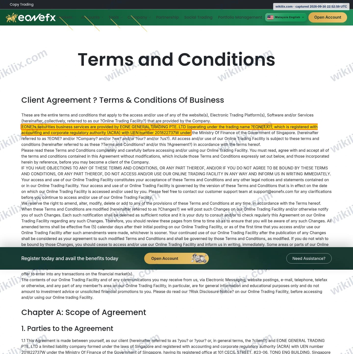 Our full page screenshot of the page this clause sits on, on eonefx's site eonefx.com, taken on Sep 30, 2026. The quoted words are marked in the image.