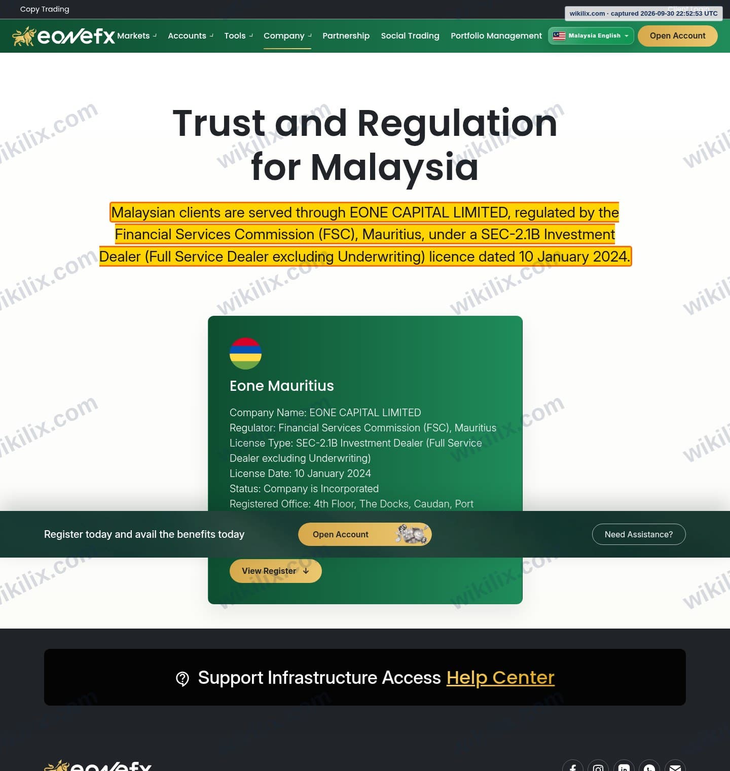 Our full page screenshot of the page that makes this promise, on eonefx's site eonefx.com, taken on Sep 30, 2026. The quoted words are marked in the image.