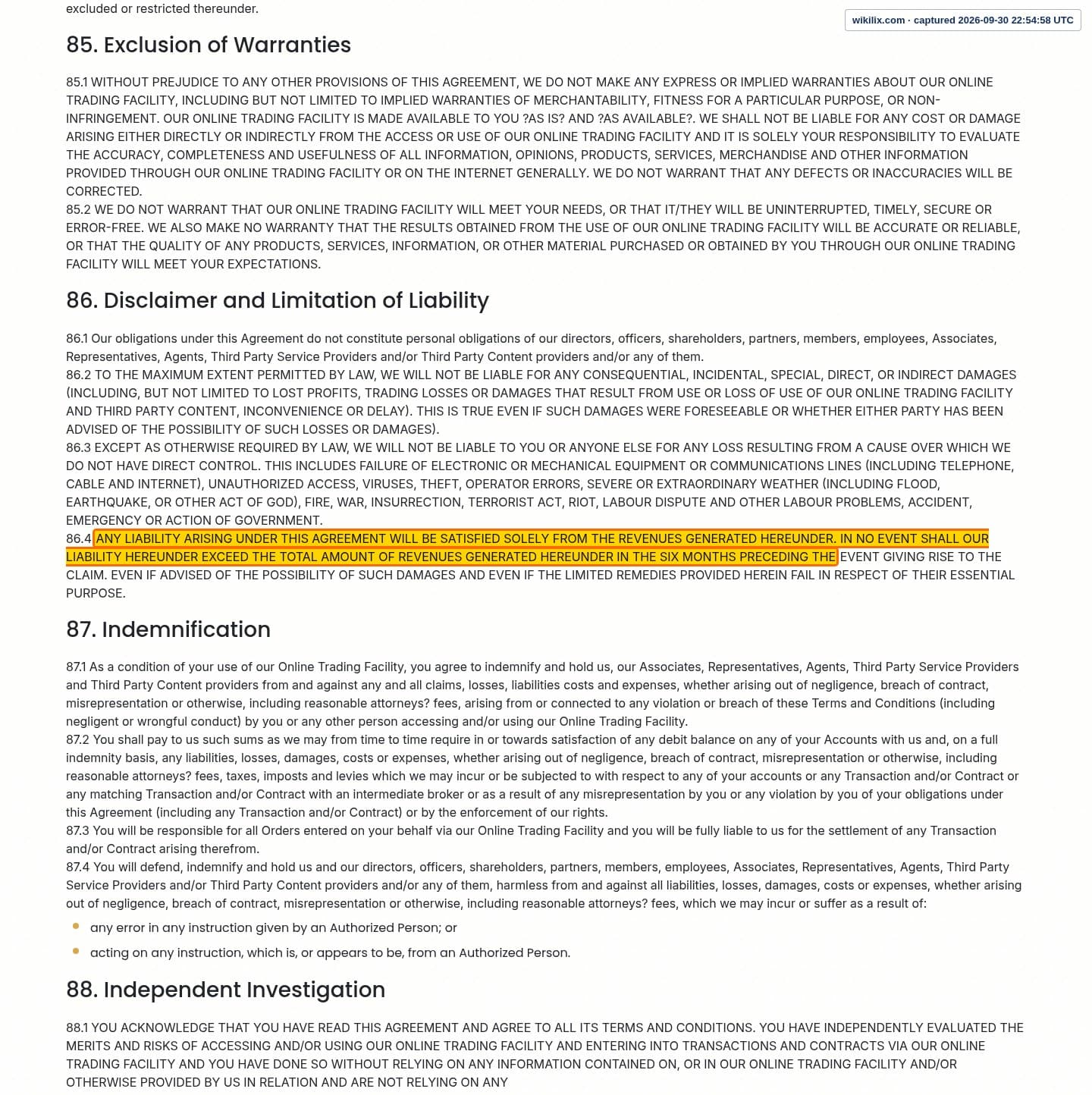 Our full page screenshot of the page this clause sits on, on eonefx's site eonefx.com, taken on Sep 30, 2026. The quoted words are marked in the image.