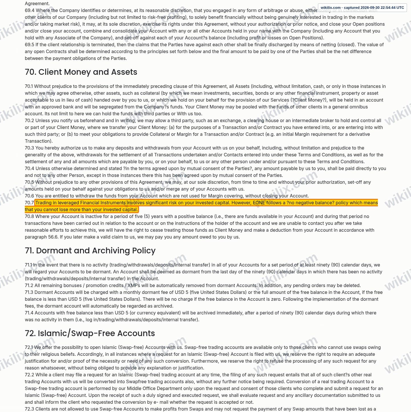 Our full page screenshot of the page this clause sits on, on eonefx's site eonefx.com, taken on Sep 30, 2026. The quoted words are marked in the image.
