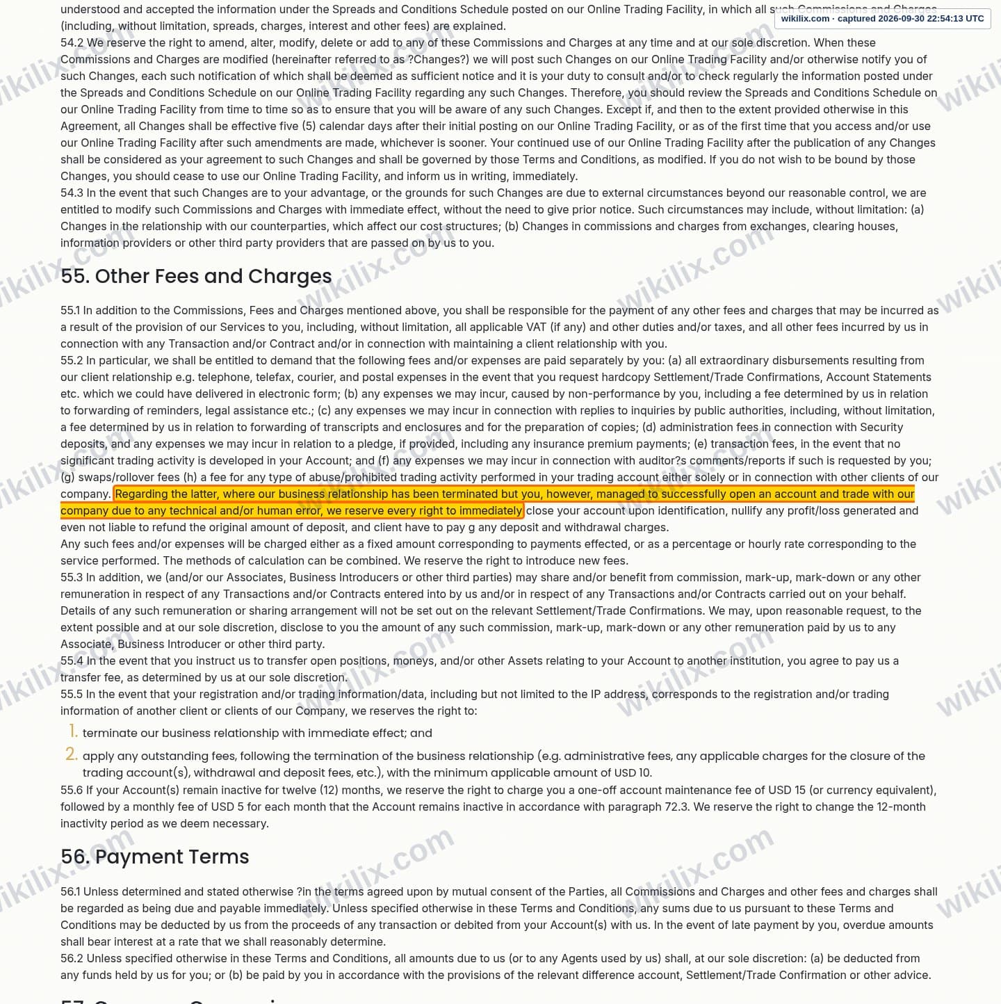 Our full page screenshot of the page this clause sits on, on eonefx's site eonefx.com, taken on Sep 30, 2026. The quoted words are marked in the image.