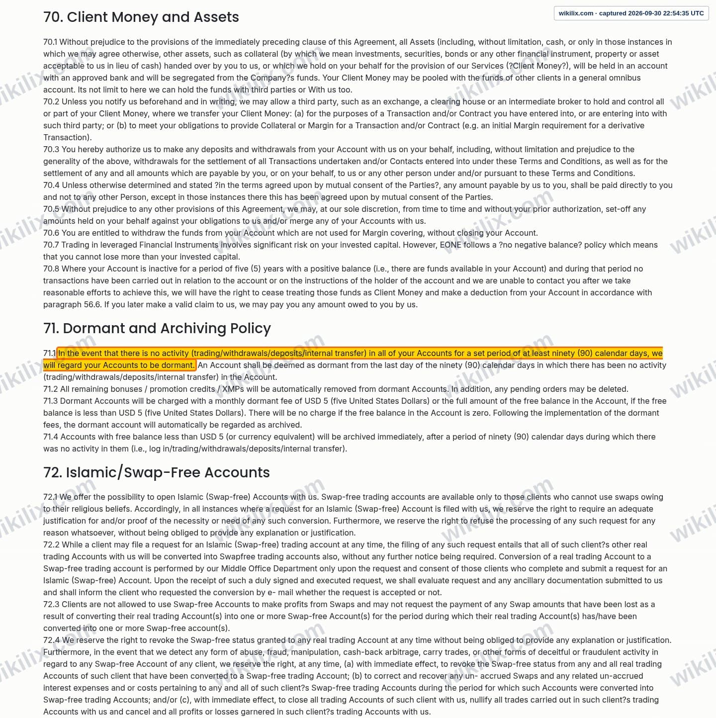 Our full page screenshot of the page this clause sits on, on eonefx's site eonefx.com, taken on Sep 30, 2026. The quoted words are marked in the image.