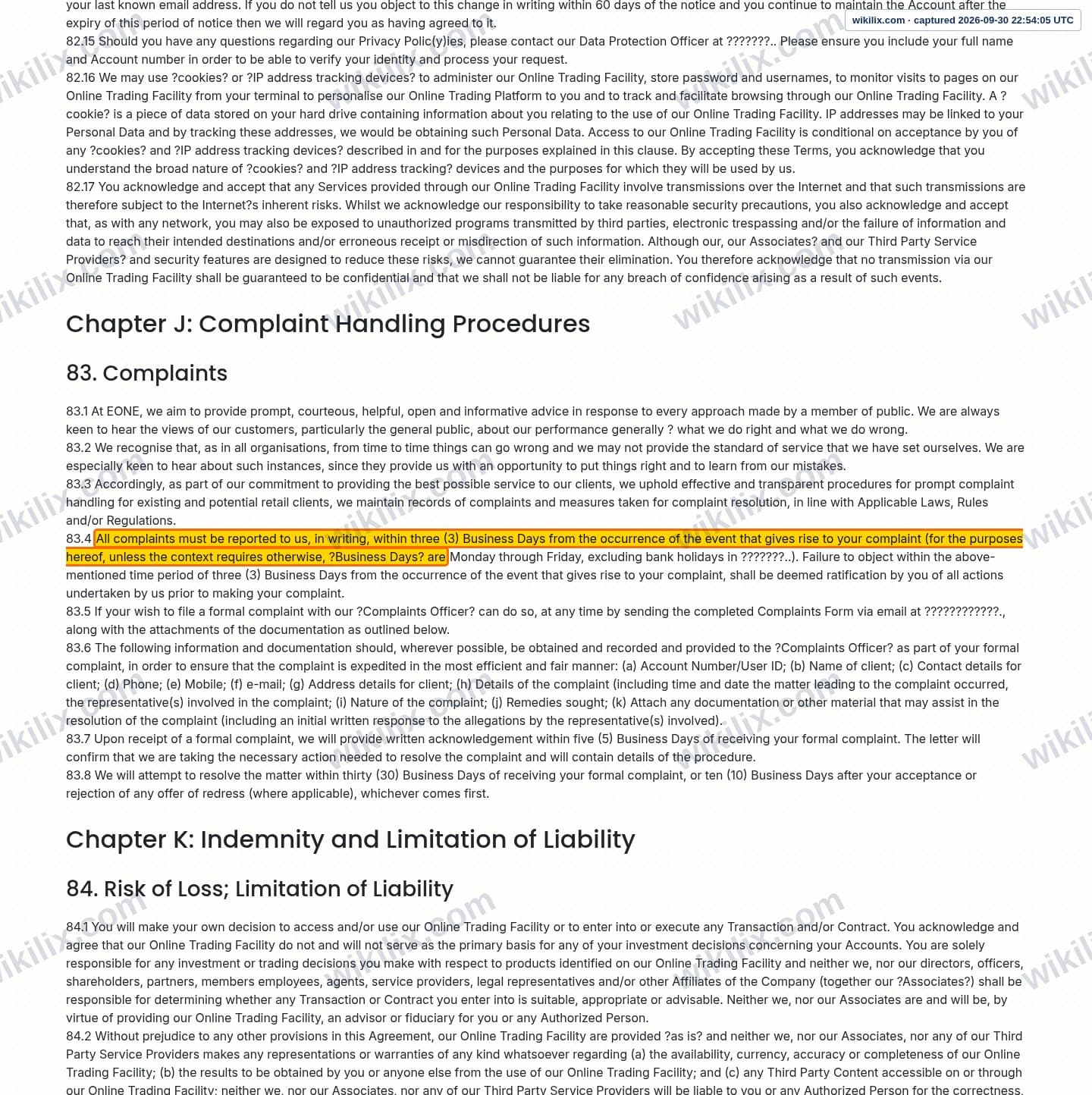 Our full page screenshot of the page this clause sits on, on eonefx's site eonefx.com, taken on Sep 30, 2026. The quoted words are marked in the image.
