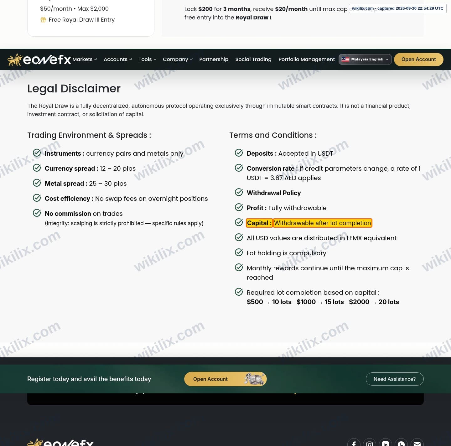 Our full page screenshot of the page this clause sits on, on eonefx's site eonefx.com, taken on Sep 30, 2026. The quoted words are marked in the image.