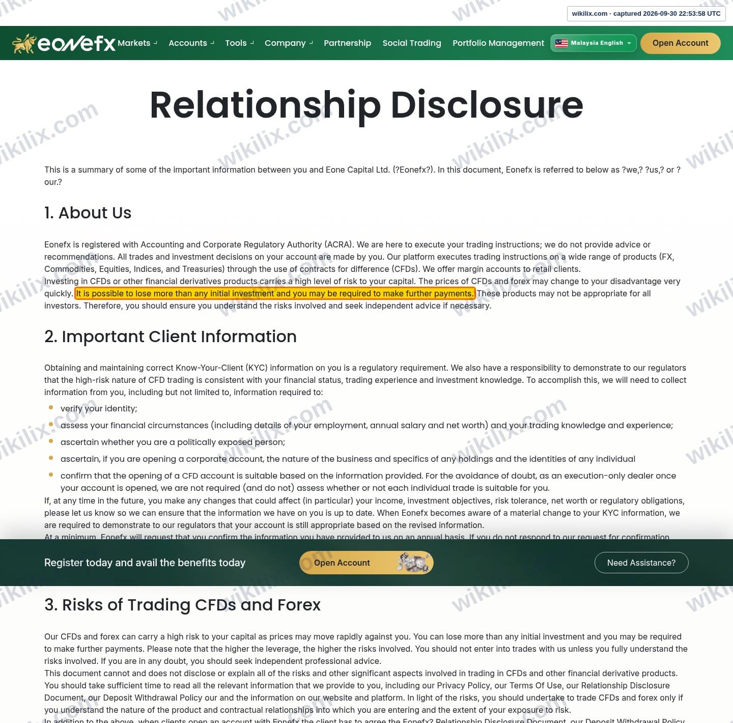 Our full page screenshot of the page this clause sits on, on eonefx's site eonefx.com, taken on Sep 30, 2026. The quoted words are marked in the image.