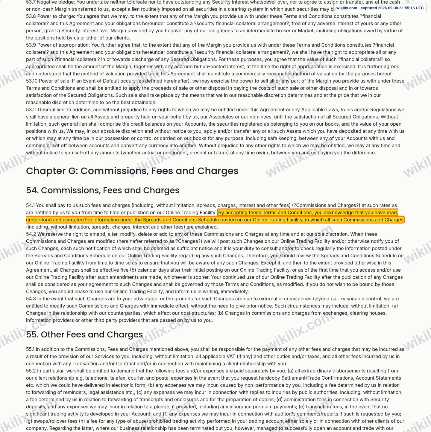 Our full page screenshot of the page this clause sits on, on eonefx's site eonefx.com, taken on Sep 30, 2026. The quoted words are marked in the image.