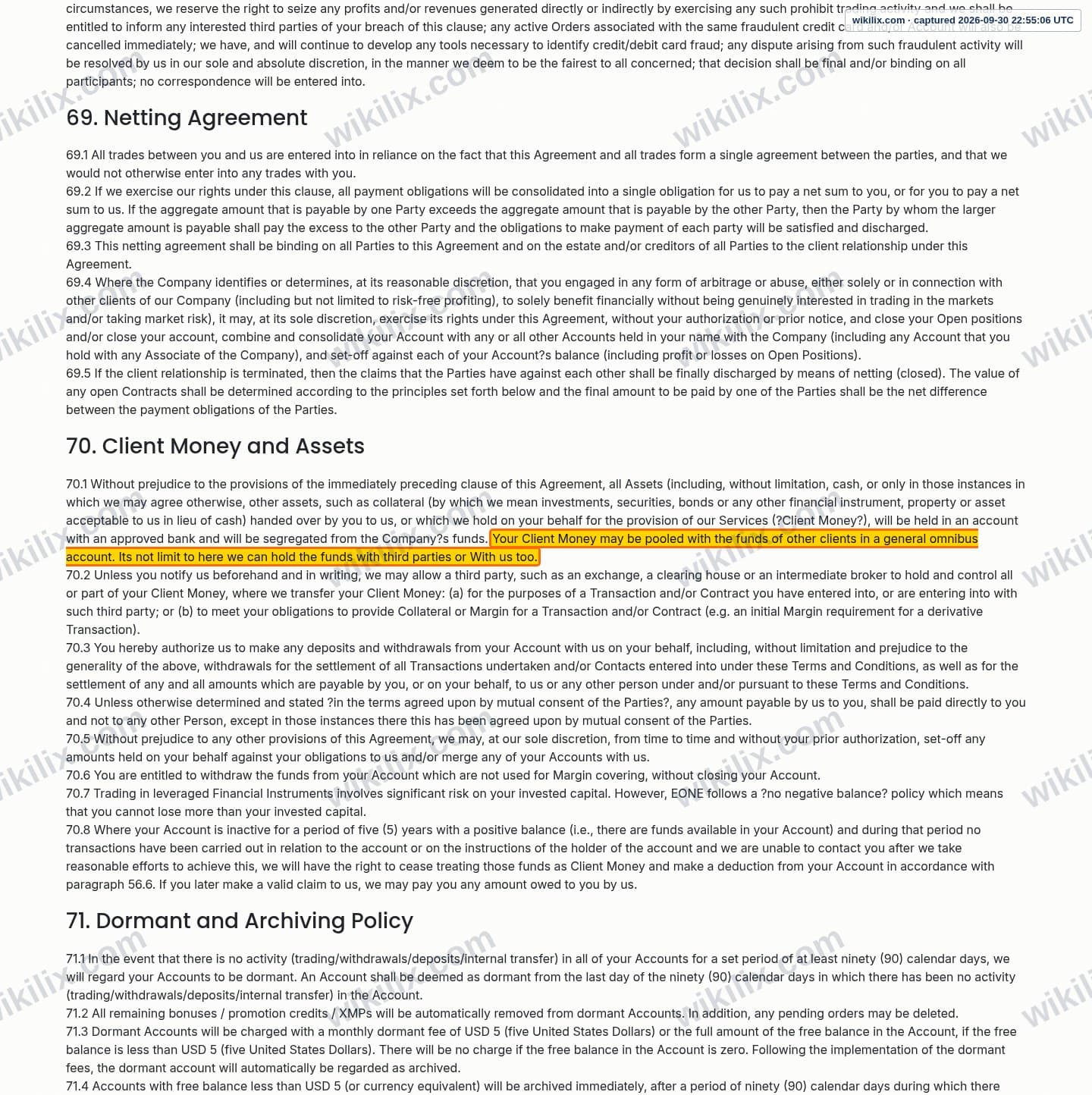 Our full page screenshot of the page this clause sits on, on eonefx's site eonefx.com, taken on Sep 30, 2026. The quoted words are marked in the image.