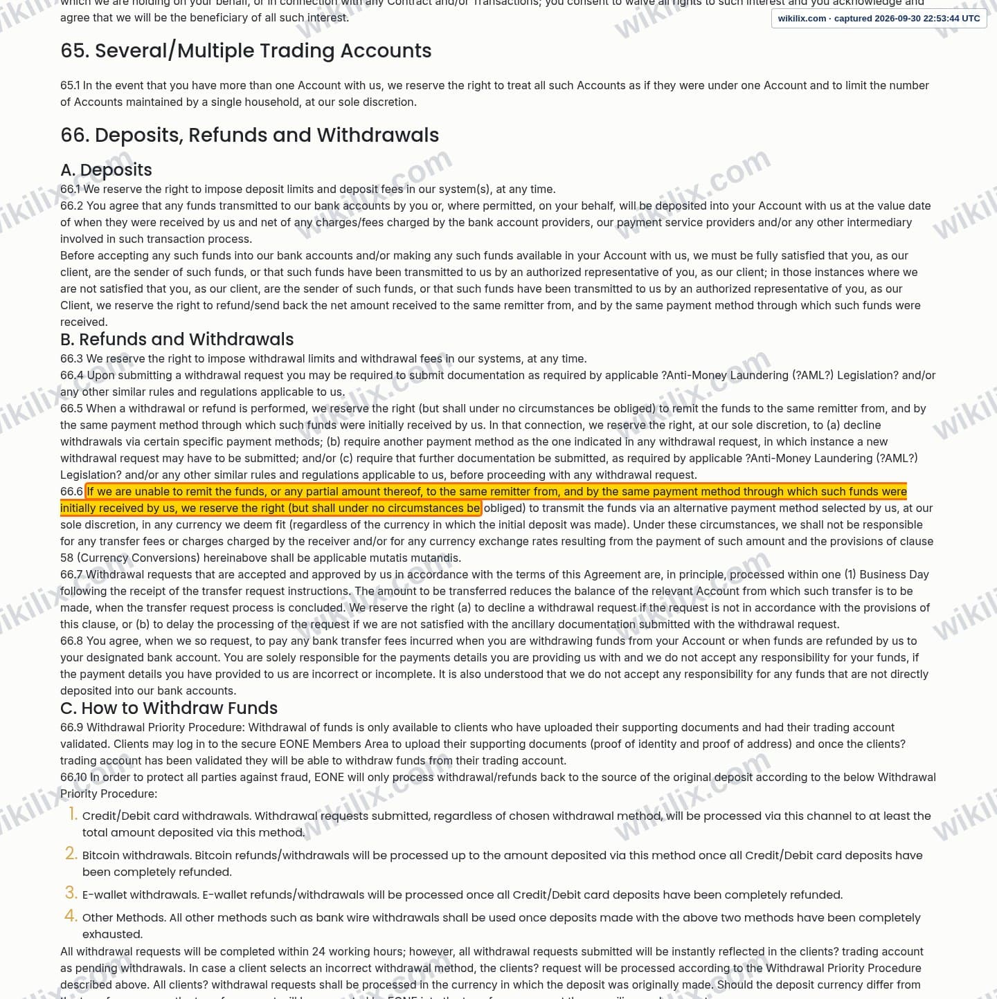 Our full page screenshot of the page this clause sits on, on eonefx's site eonefx.com, taken on Sep 30, 2026. The quoted words are marked in the image.