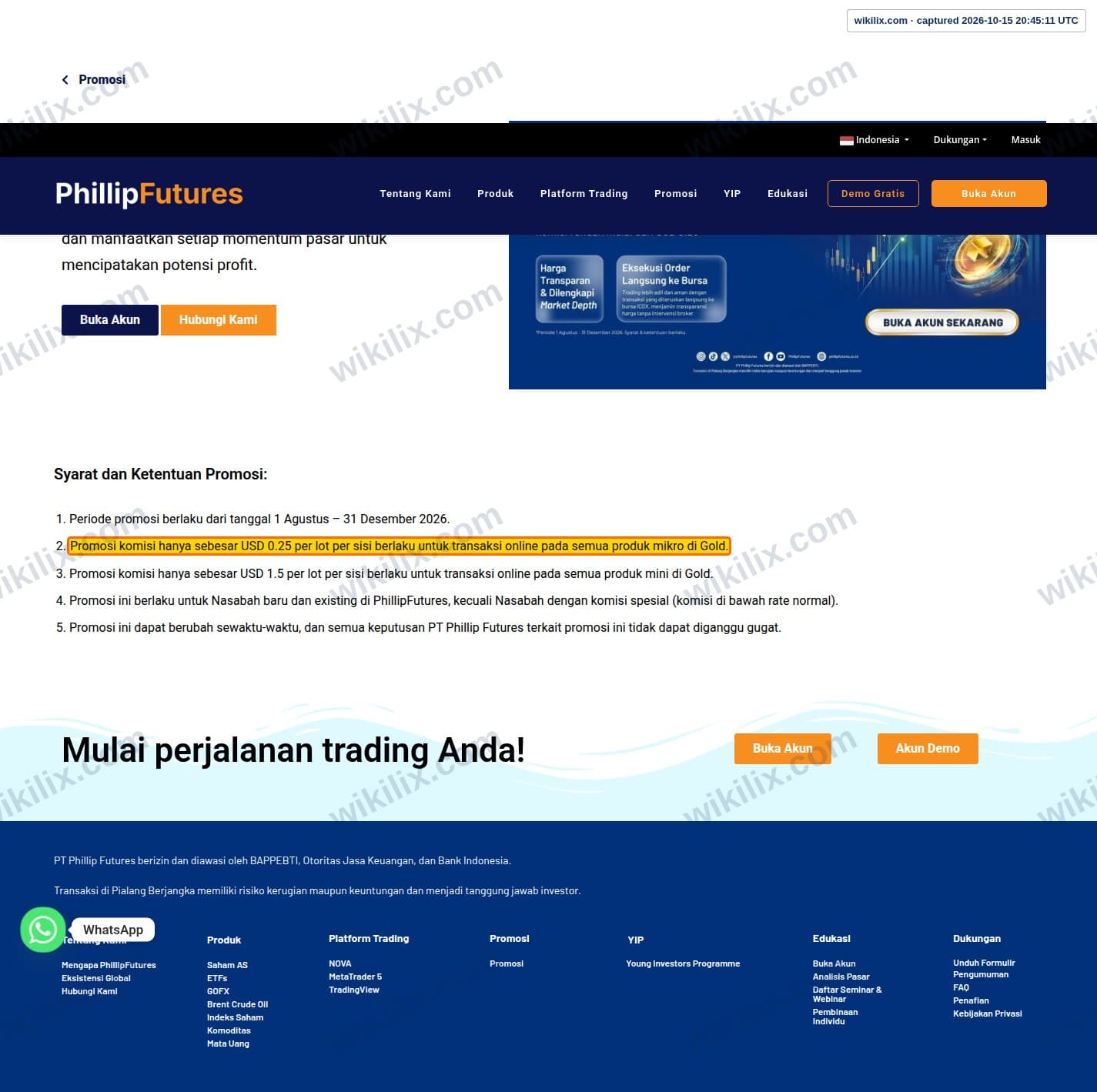 Our full page screenshot of the page this clause sits on, on Phillip Futures's site phillipfutures.co.id, taken on Oct 15, 2026. The quoted words are marked in the image.