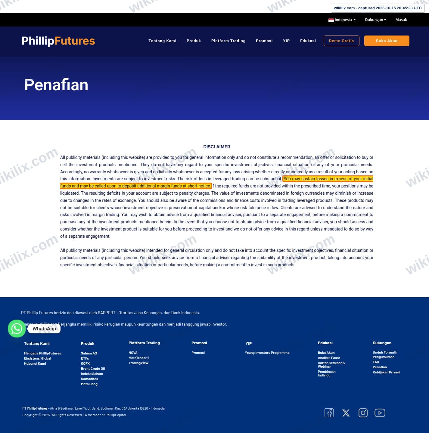 Our full page screenshot of the page this clause sits on, on Phillip Futures's site phillipfutures.co.id, taken on Oct 15, 2026. The quoted words are marked in the image.