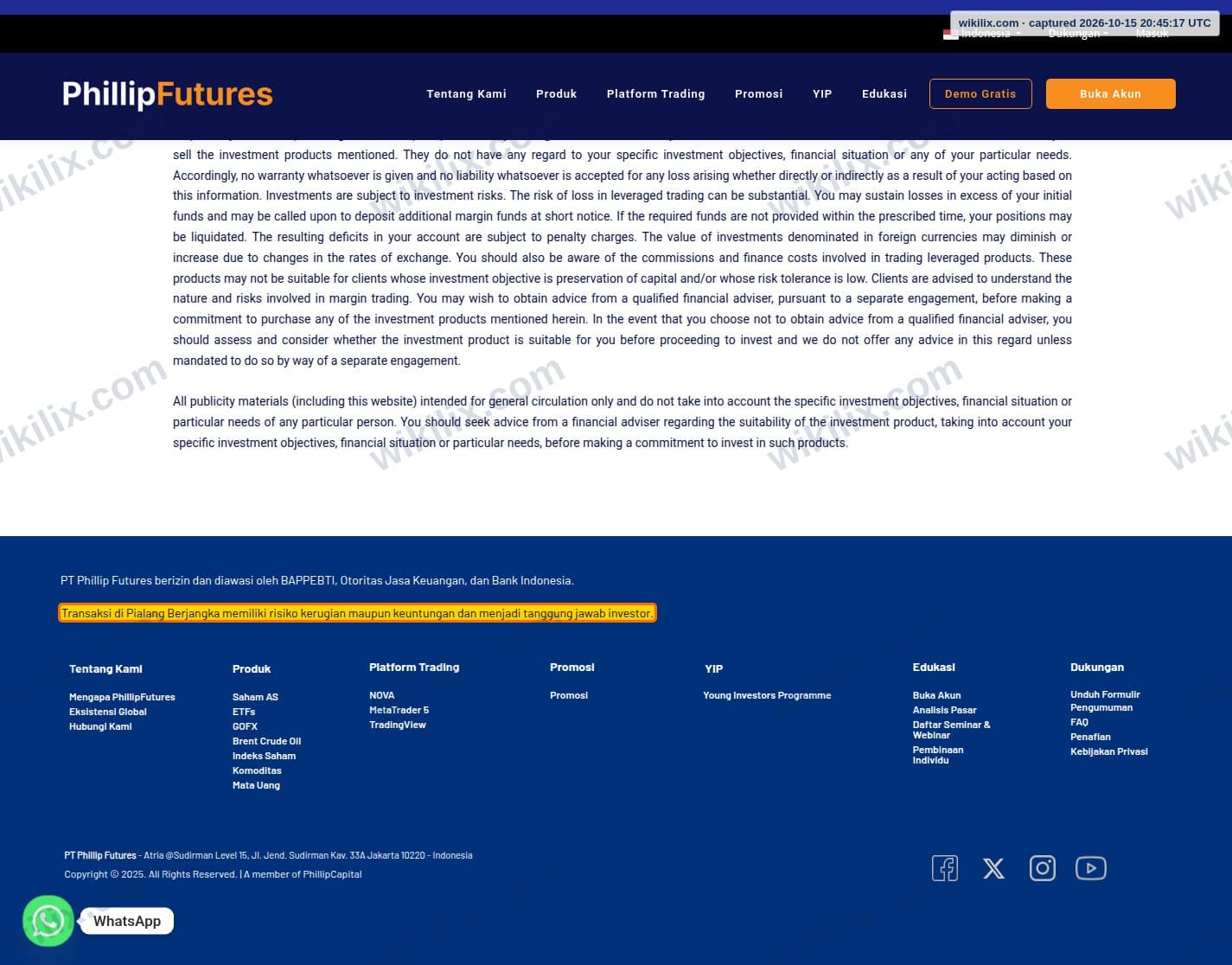 Our full page screenshot of the page that makes this promise, on Phillip Futures's site phillipfutures.co.id, taken on Oct 15, 2026. The quoted words are marked in the image.