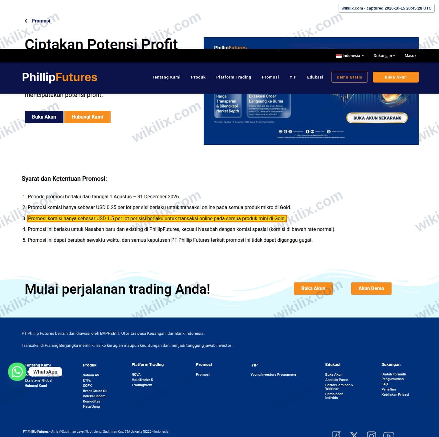 Our full page screenshot of the page that makes this promise, on Phillip Futures's site phillipfutures.co.id, taken on Oct 15, 2026. The quoted words are marked in the image.