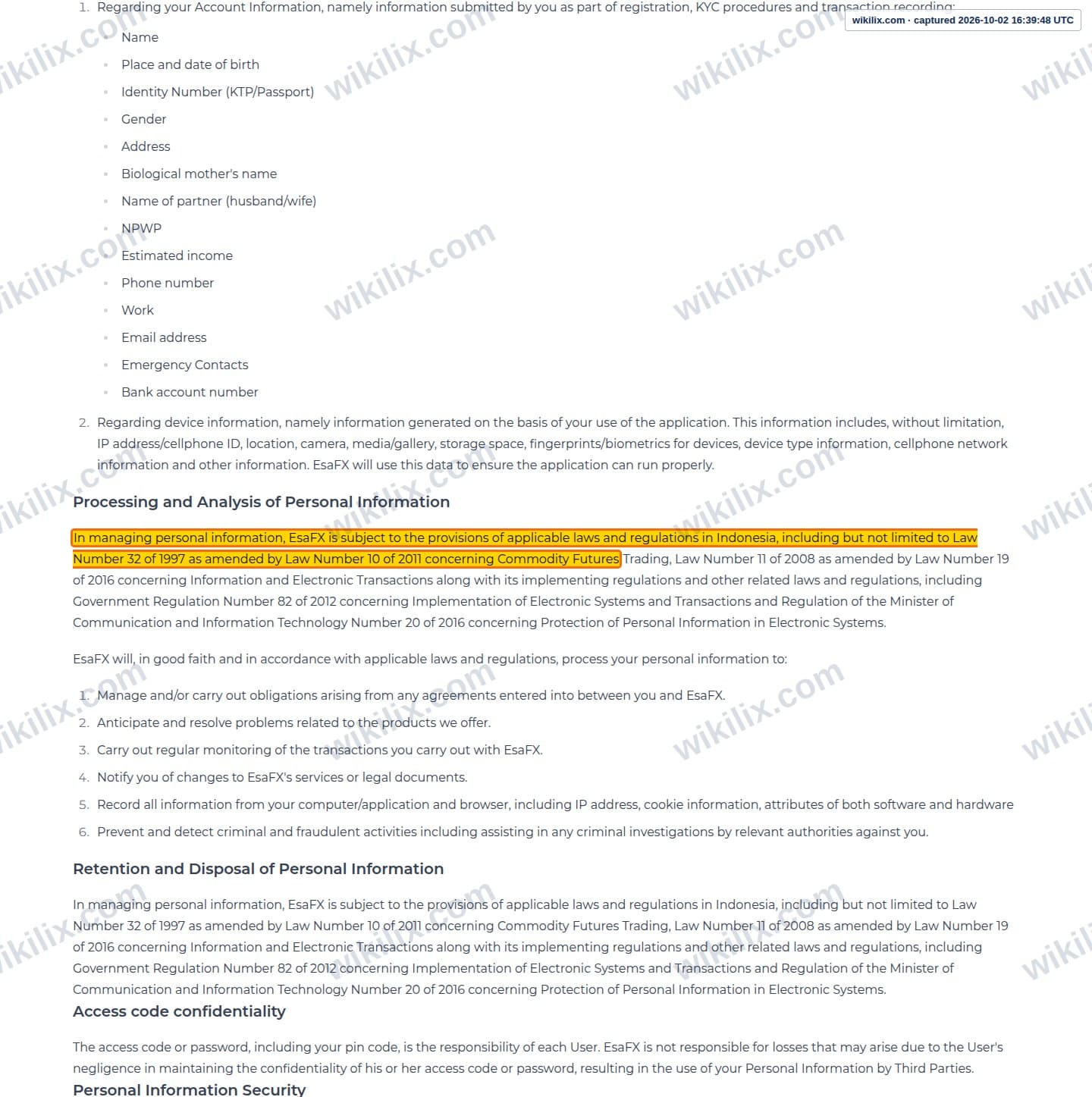 Our full page screenshot of the page this clause sits on, on esaFX's site esafx.co.id, taken on Oct 2, 2026. The quoted words are marked in the image.