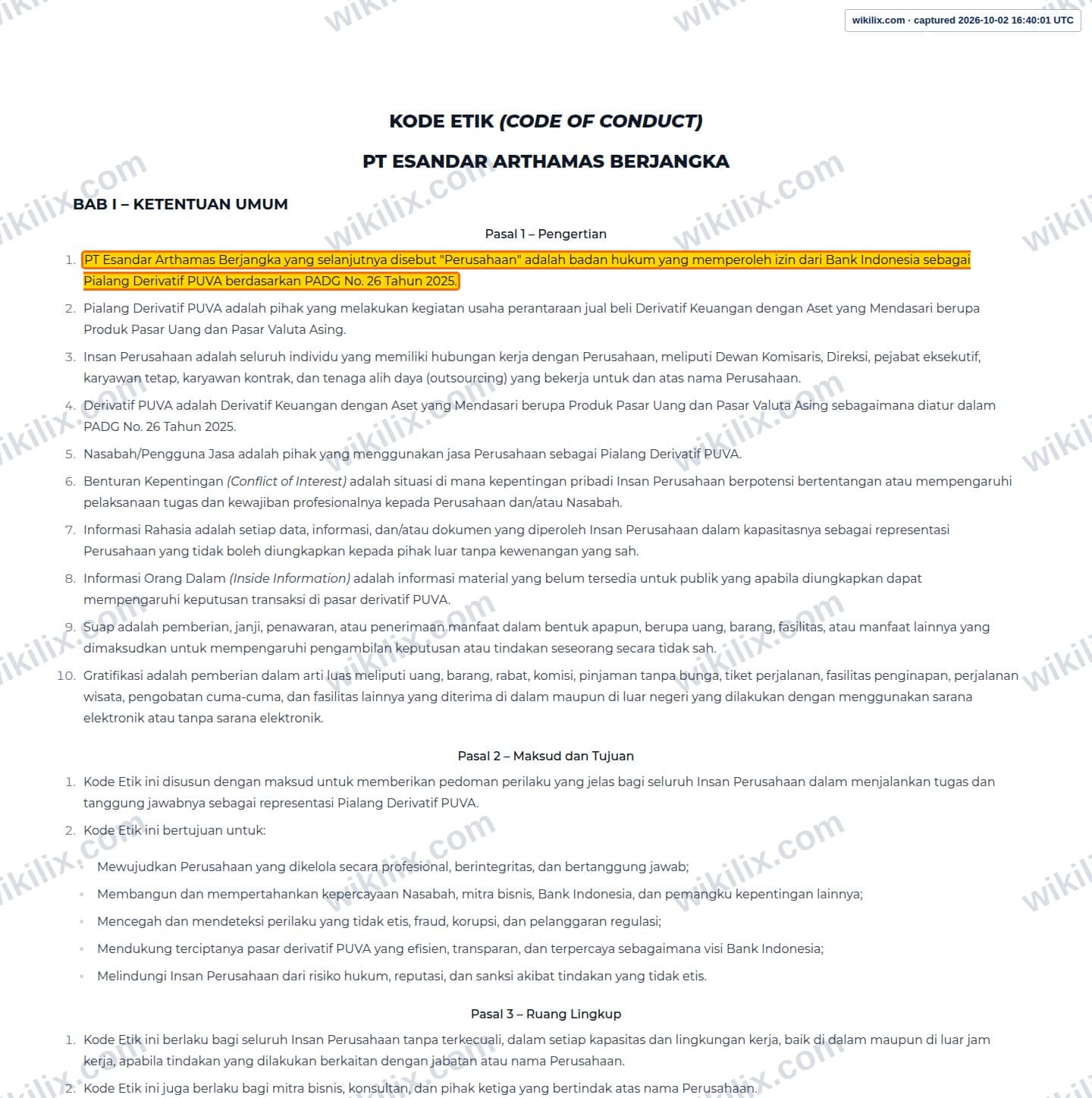 Our full page screenshot of the page this clause sits on, on esaFX's site esafx.co.id, taken on Oct 2, 2026. The quoted words are marked in the image.