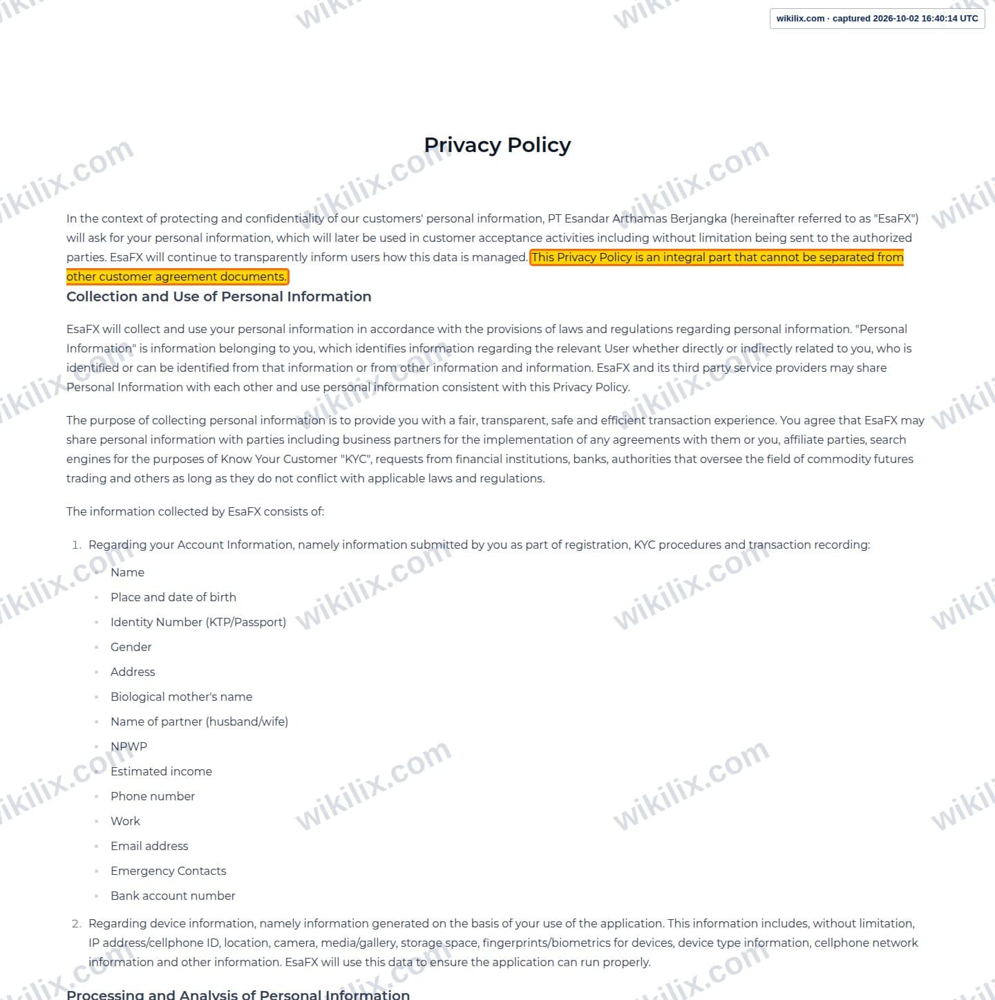 Our full page screenshot of the page this clause sits on, on esaFX's site esafx.co.id, taken on Oct 2, 2026. The quoted words are marked in the image.