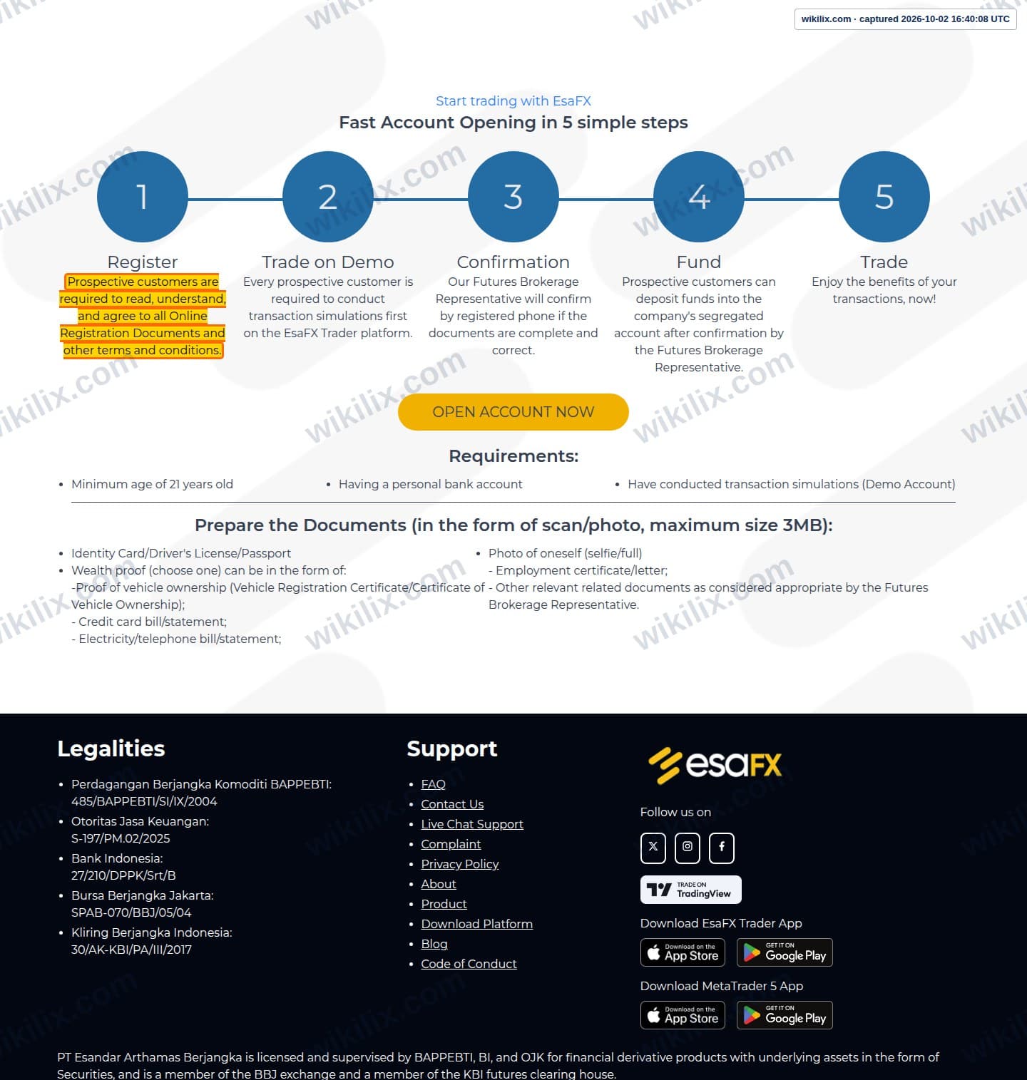 Our full page screenshot of the page that makes this promise, on esaFX's site esafx.co.id, taken on Oct 2, 2026. The quoted words are marked in the image.