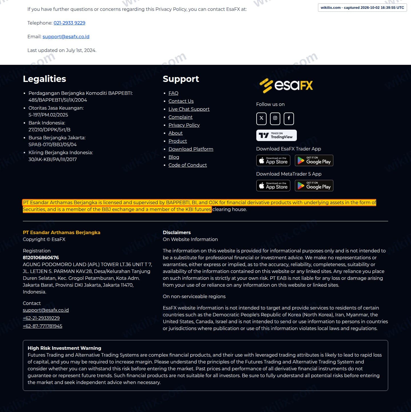Our full page screenshot of the page that makes this promise, on esaFX's site esafx.co.id, taken on Oct 2, 2026. The quoted words are marked in the image.