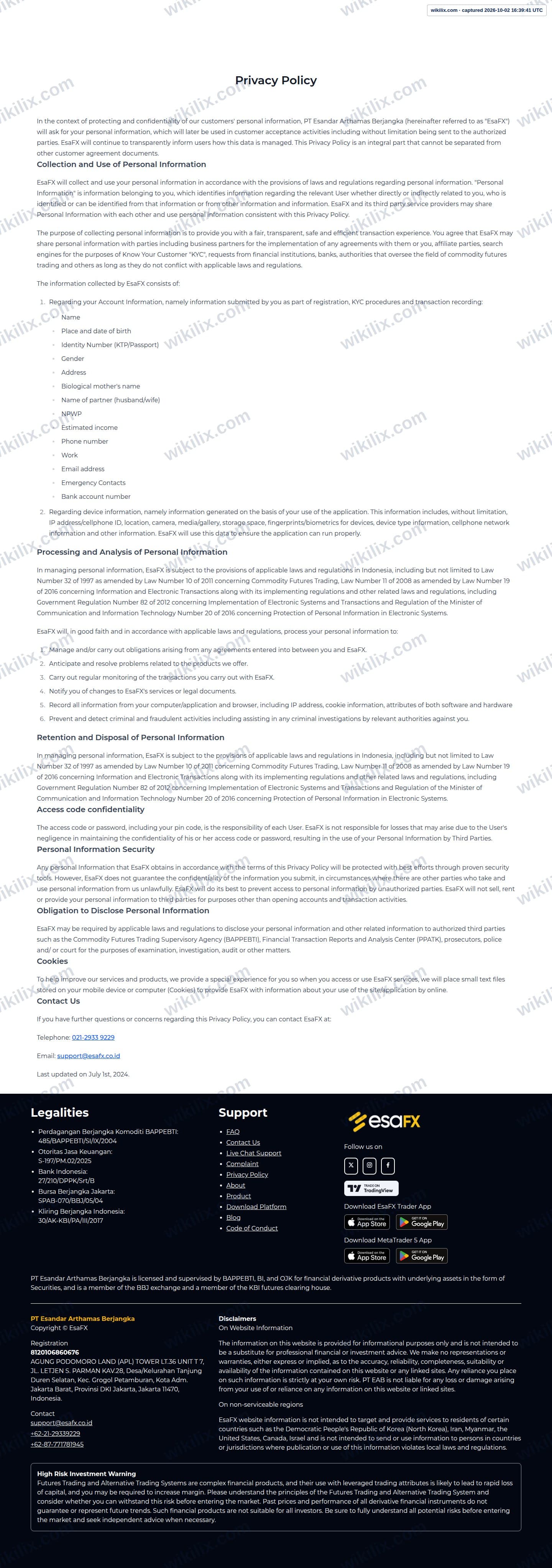 Our full page screenshot of the page this quotation was taken from, on esaFX's site esafx.co.id, taken on Oct 2, 2026. The quoted words are not marked in the image.