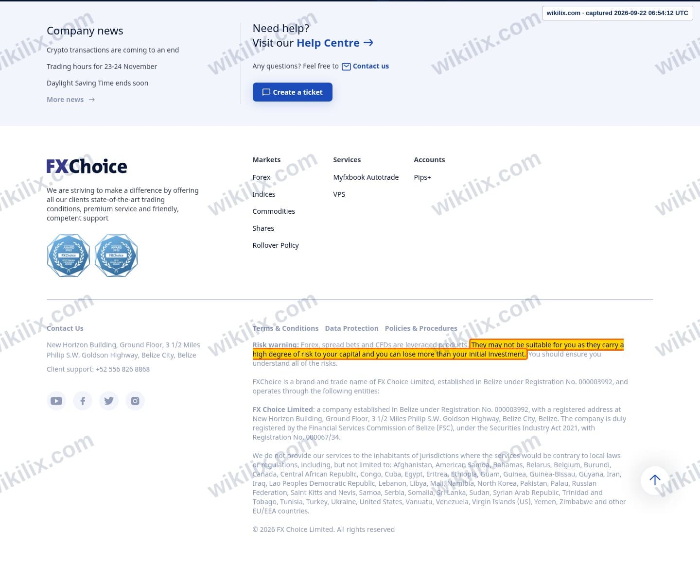 Our full page screenshot of the page that makes this promise, on FX Choice's site en.myfxchoice.com, taken on Sep 22, 2026. The quoted words are marked in the image.