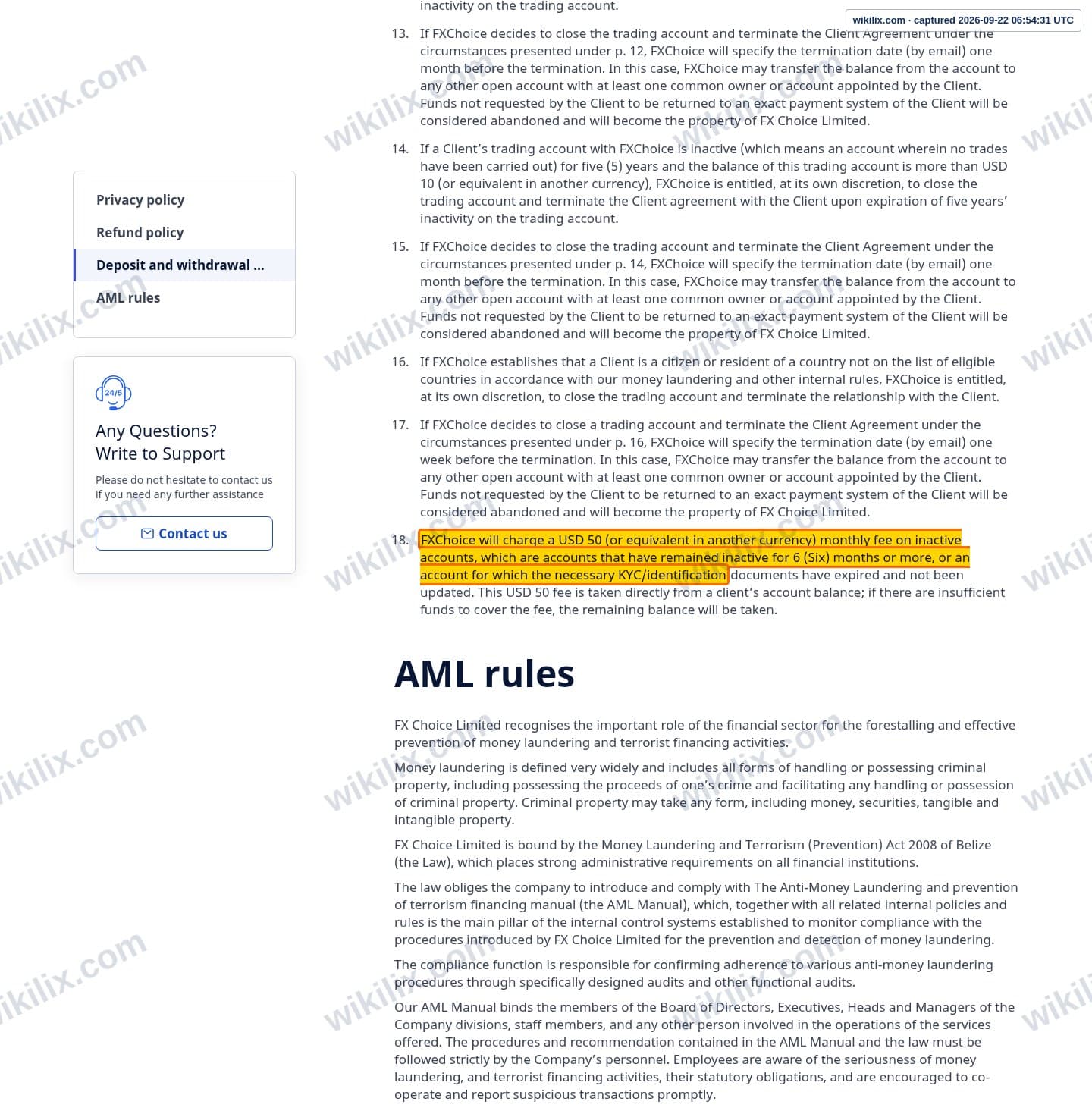 Our full page screenshot of the page this clause sits on, on FX Choice's site ar.myfxchoice.com, taken on Sep 22, 2026. The quoted words are marked in the image.