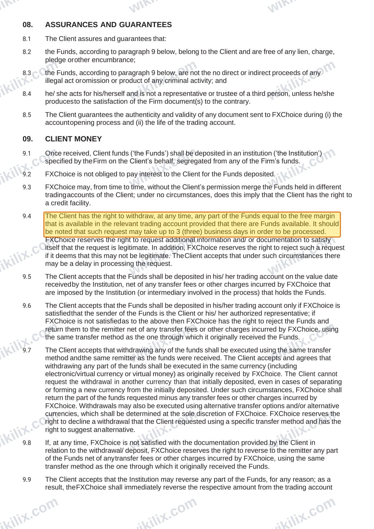Our full page screenshot of the page this clause sits on, on FX Choice's site myfxchoice.com, taken on Sep 22, 2026. The quoted words are marked in the image.