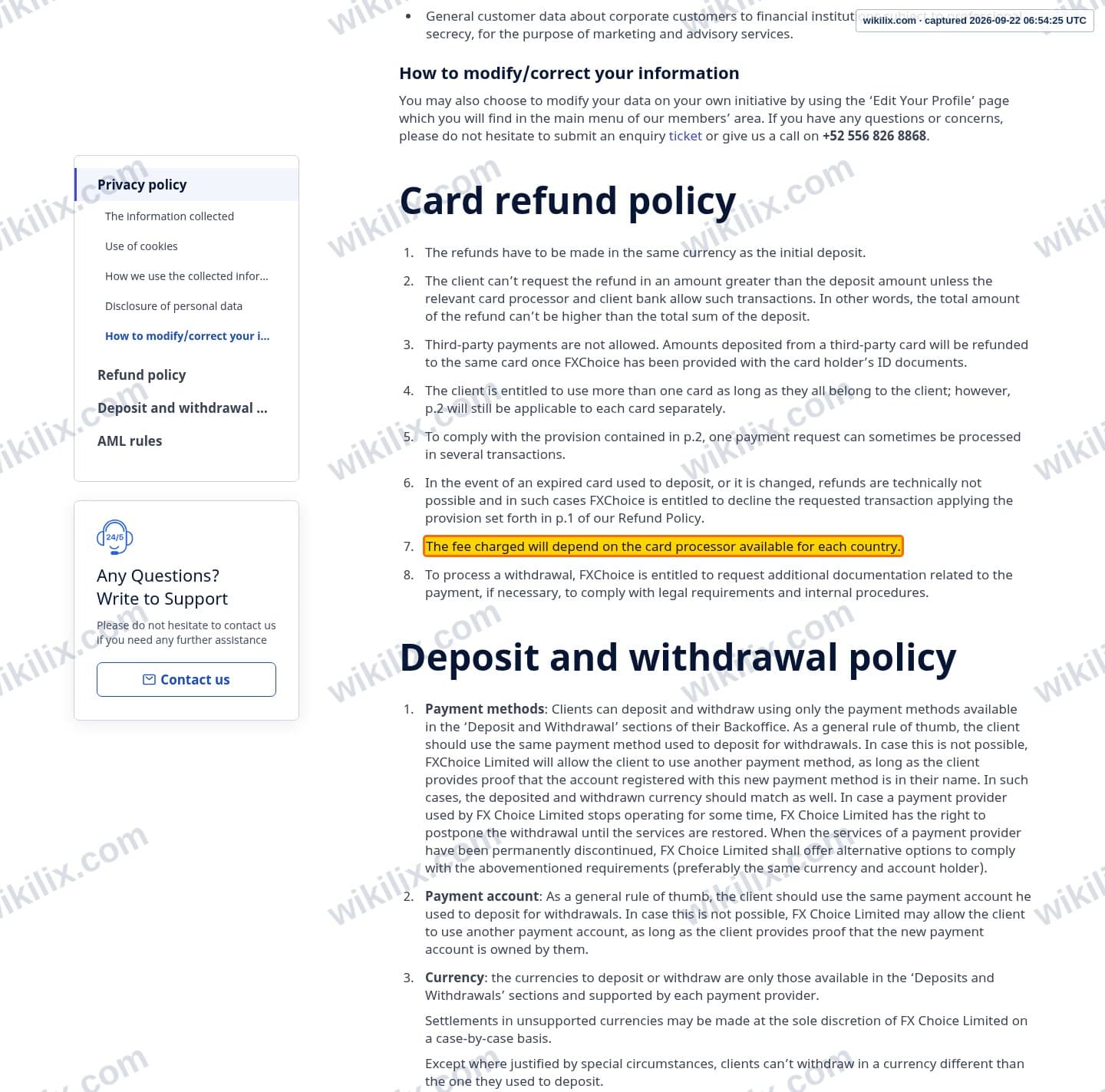 Our full page screenshot of the page this clause sits on, on FX Choice's site ar.myfxchoice.com, taken on Sep 22, 2026. The quoted words are marked in the image.