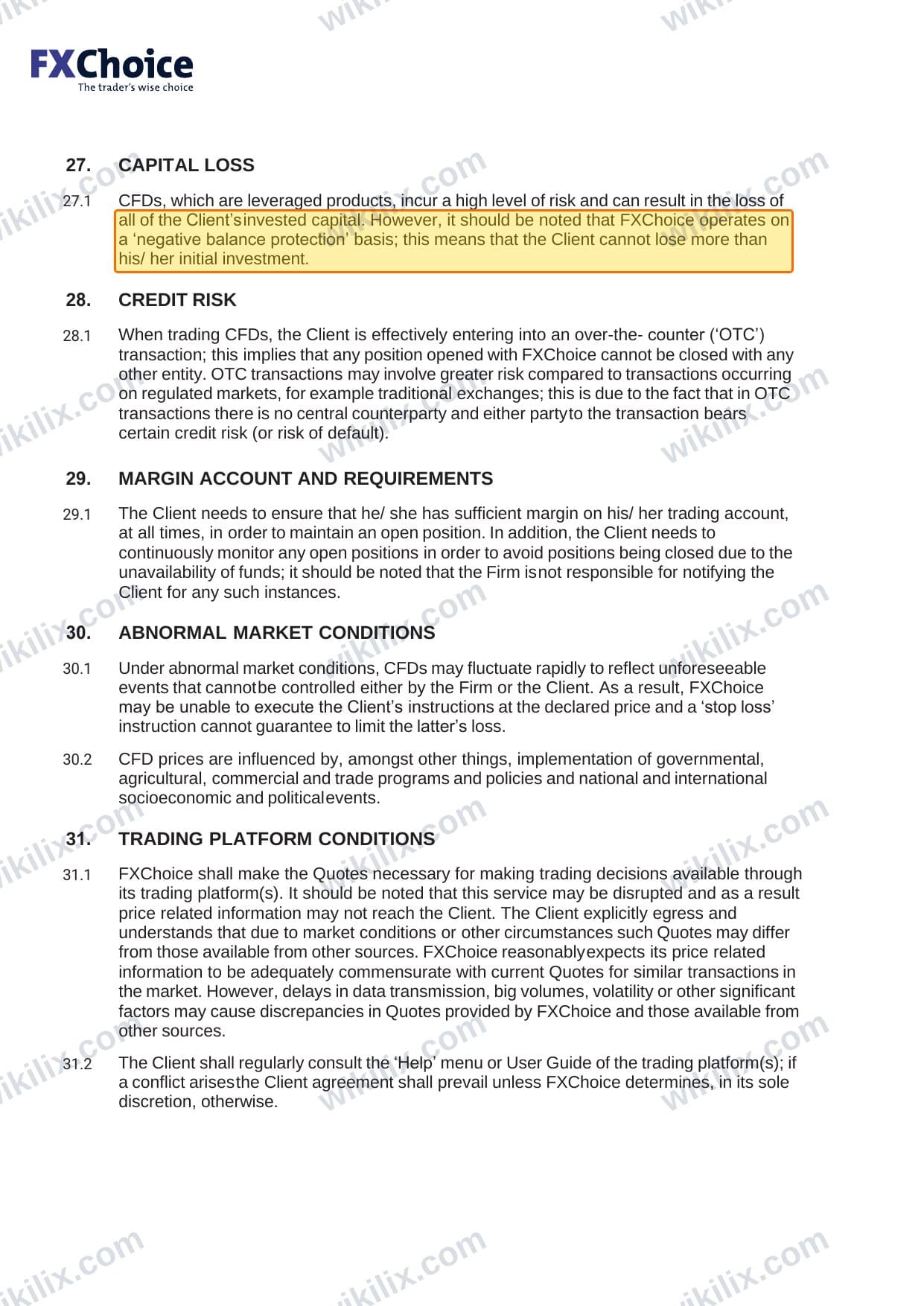 Our full page screenshot of the page this clause sits on, on FX Choice's site myfxchoice.com, taken on Sep 22, 2026. The quoted words are marked in the image.