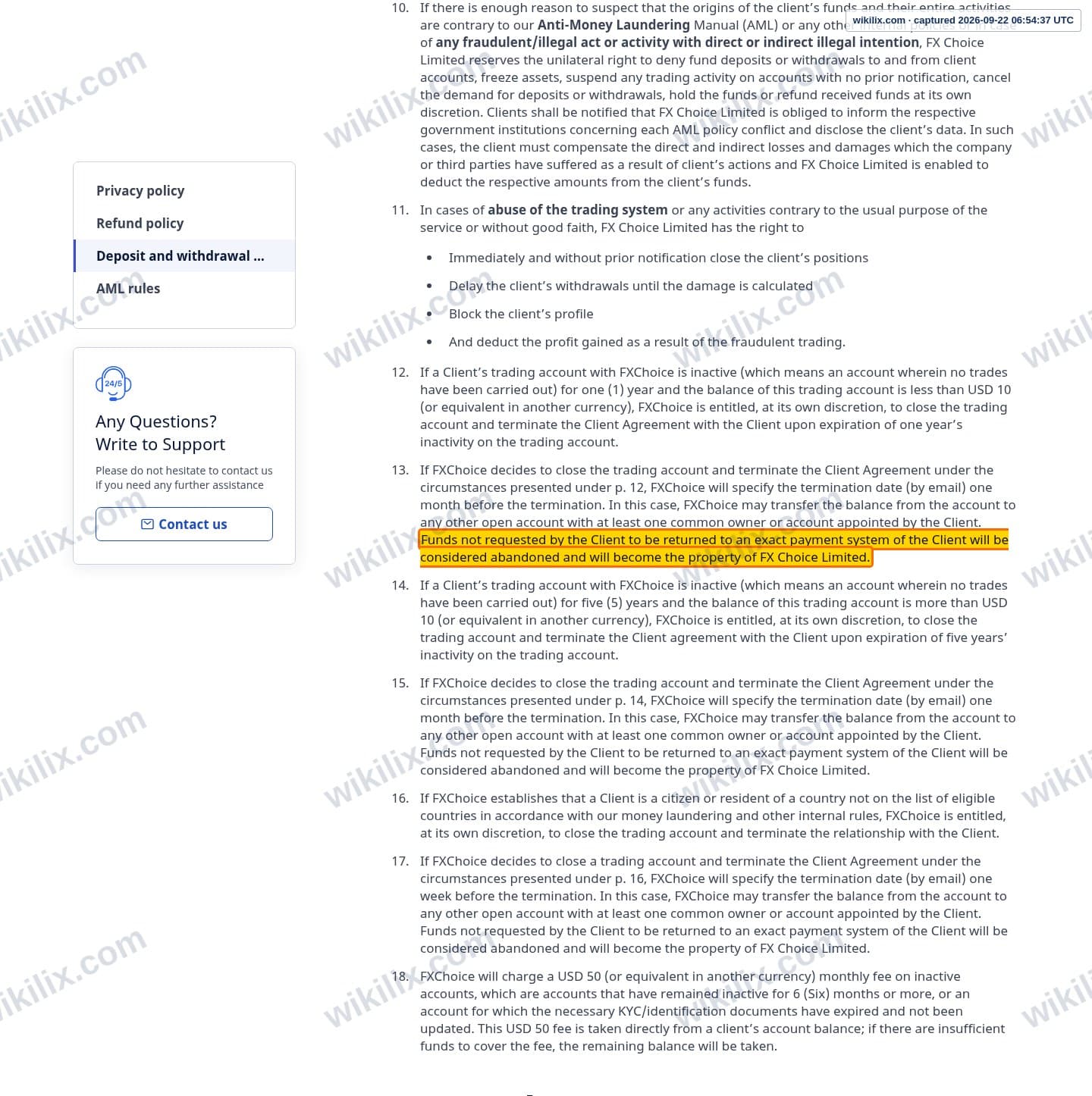 Our full page screenshot of the page this clause sits on, on FX Choice's site ar.myfxchoice.com, taken on Sep 22, 2026. The quoted words are marked in the image.