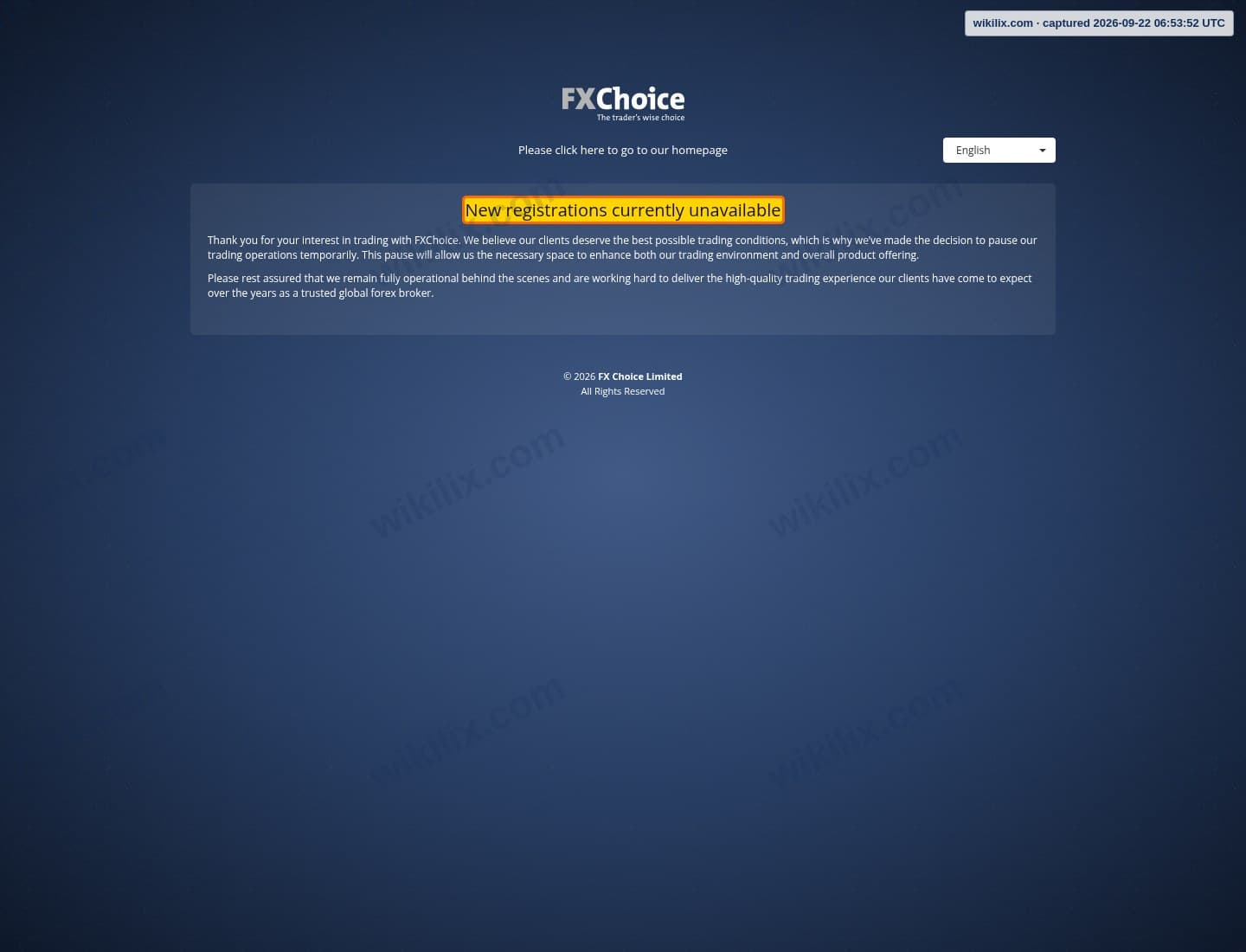 Our full page screenshot of the page this clause sits on, on FX Choice's site my.myfxchoice.com, taken on Sep 22, 2026. The quoted words are marked in the image.