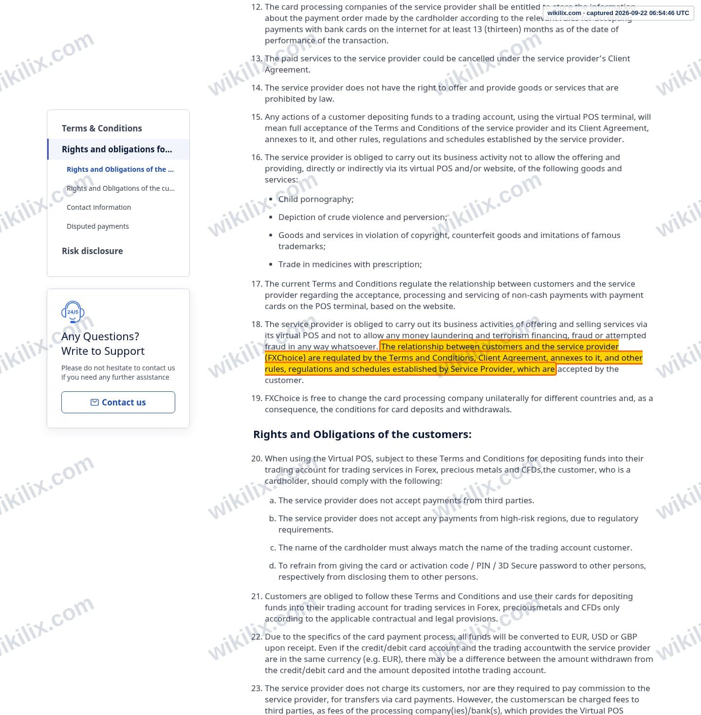 Our full page screenshot of the page this clause sits on, on FX Choice's site ar.myfxchoice.com, taken on Sep 22, 2026. The quoted words are marked in the image.