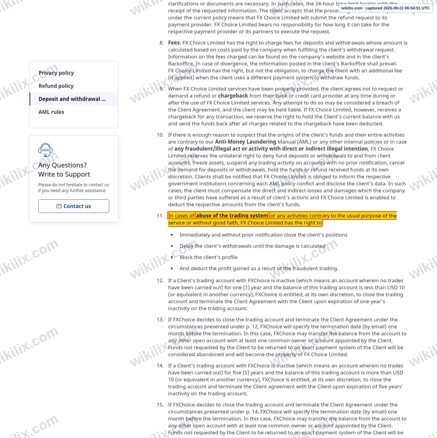 Our full page screenshot of the page this clause sits on, on FX Choice's site ar.myfxchoice.com, taken on Sep 22, 2026. The quoted words are marked in the image.