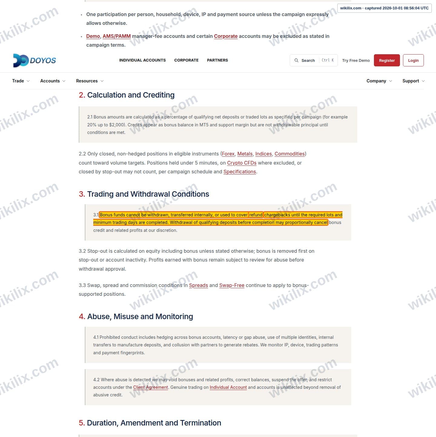 Our full page screenshot of the page this clause sits on, on DOYOS's site doyos.com, taken on Oct 1, 2026. The quoted words are marked in the image.
