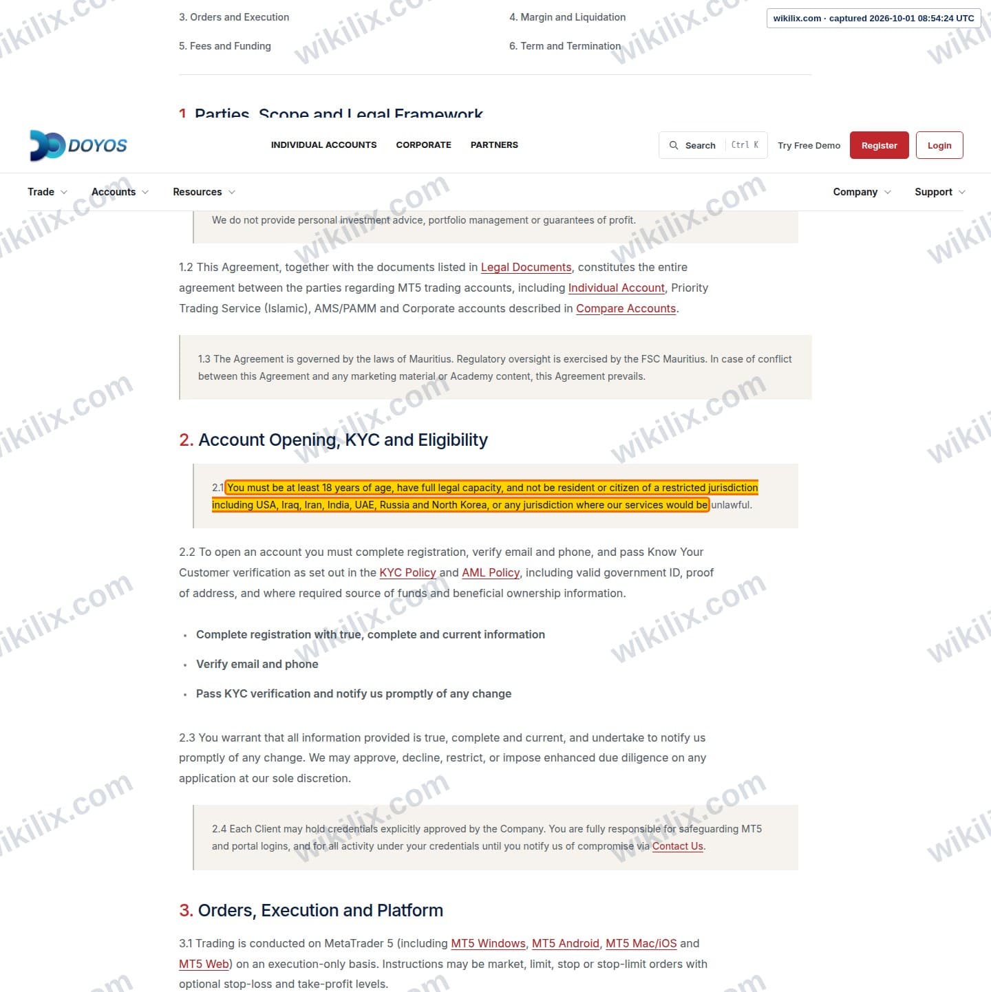 Our full page screenshot of the page this clause sits on, on DOYOS's site doyos.com, taken on Oct 1, 2026. The quoted words are marked in the image.