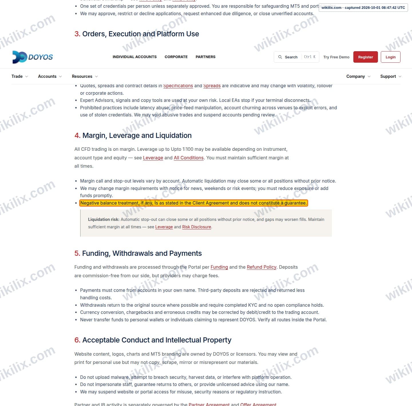 Our full page screenshot of the page this clause sits on, on DOYOS's site doyos.com, taken on Oct 1, 2026. The quoted words are marked in the image.
